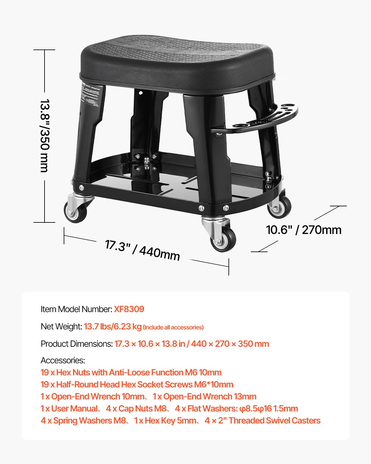 Mechanic Stool, 300 lbs Capacity Garage Seat/Work Stool with Wheels, Black