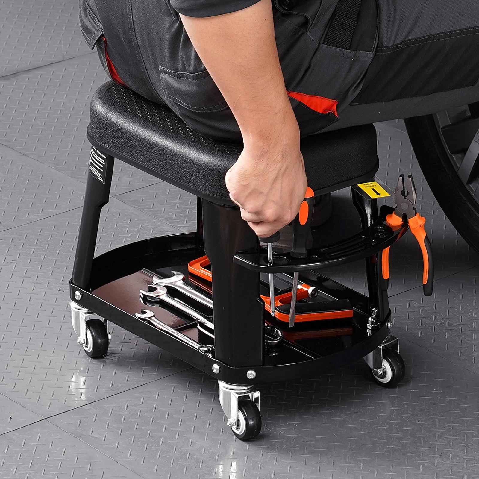 Mechanic Stool, 300 lbs Capacity Garage Seat/Work Stool with Wheels, Black