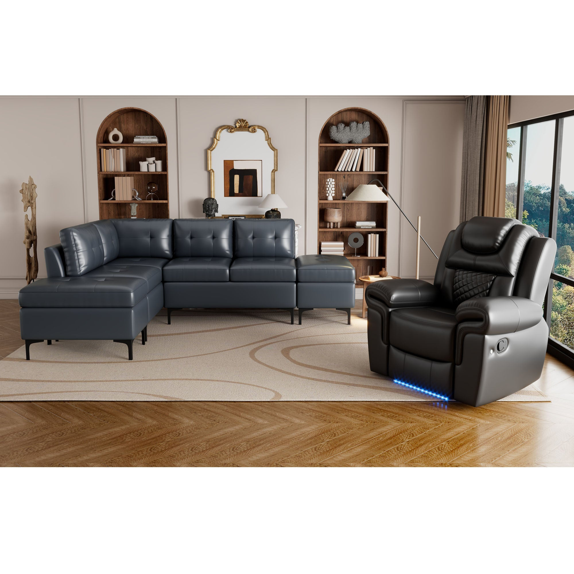 Sofa Recliner Set L-Shaped Corner Sofa Pu Leather Recliner for Living Room, Blue