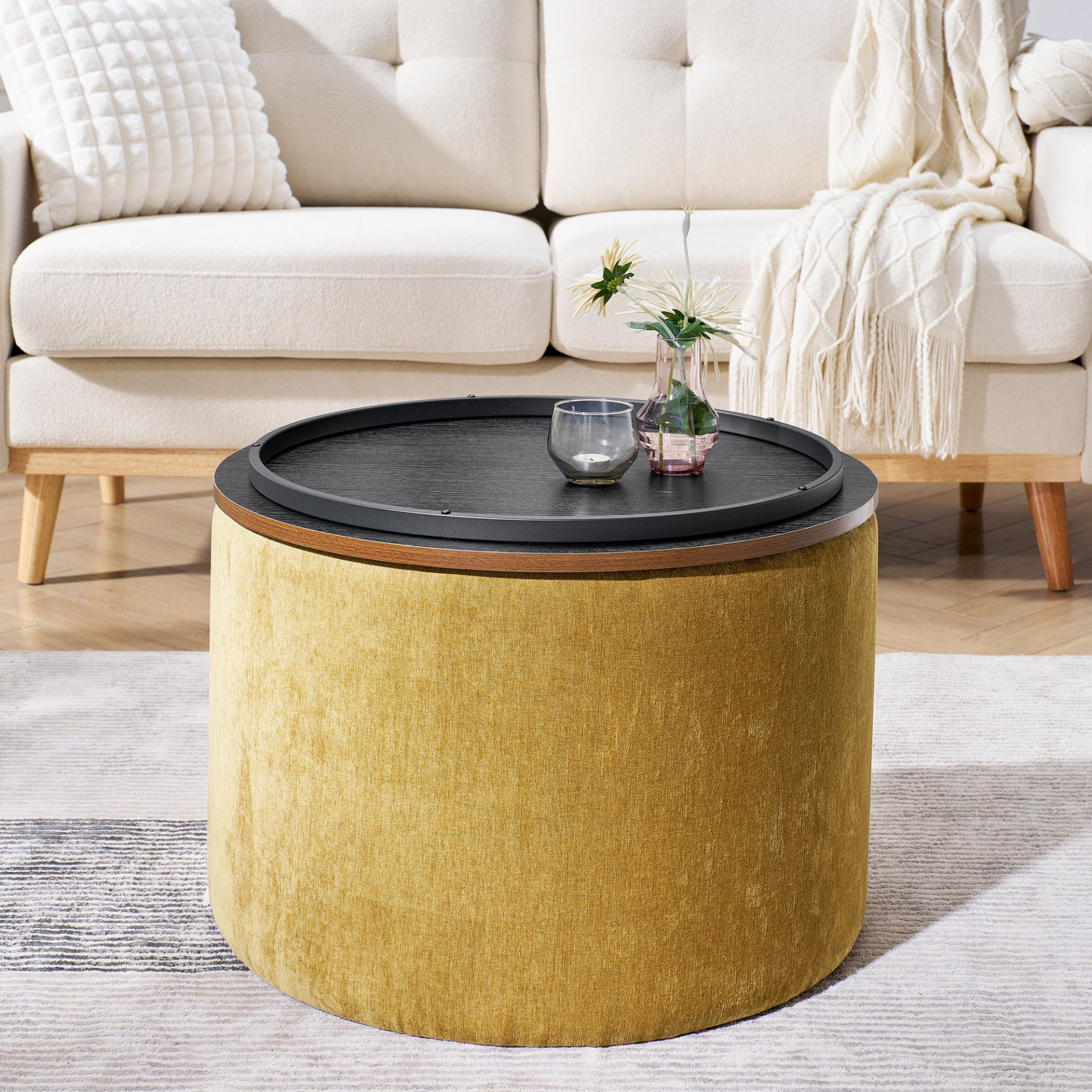 2-Piece Set Round Chenille Storage Ottoman, Equipped with a Drum Shaped Small St - Picture 4 of 12