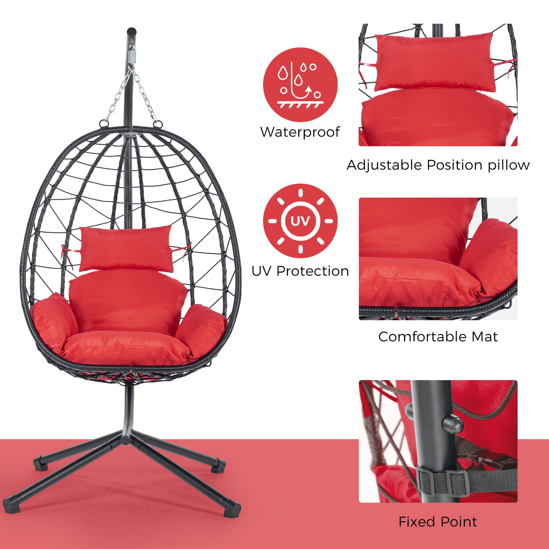 Egg Chair with Stand Indoor Outdoor Swing Chair Patio Wicker Hanging Egg Chair H - Picture 7 of 12
