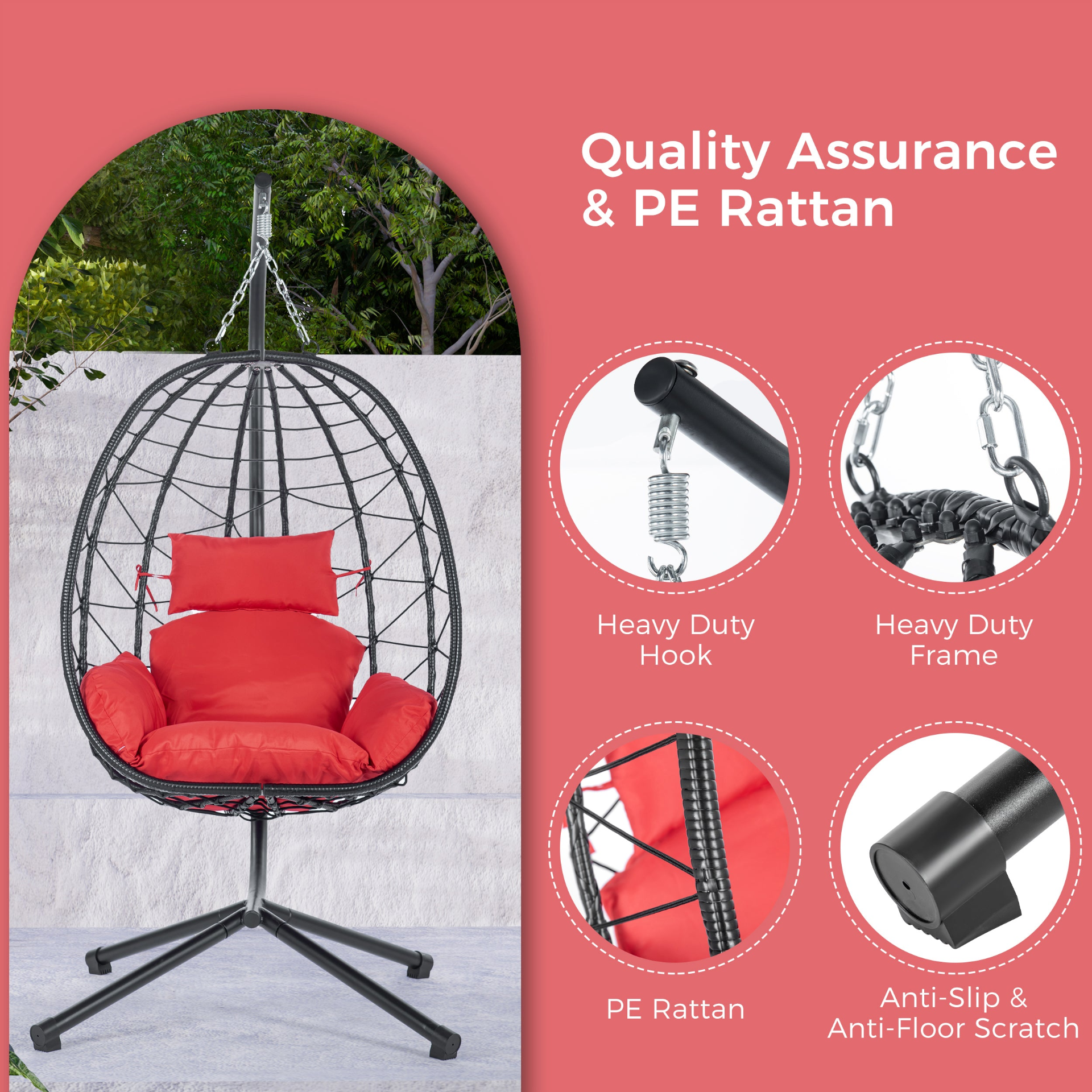 Egg Chair with Stand Indoor Outdoor Swing Chair Patio Wicker Hanging Egg Chair H - Picture 8 of 12