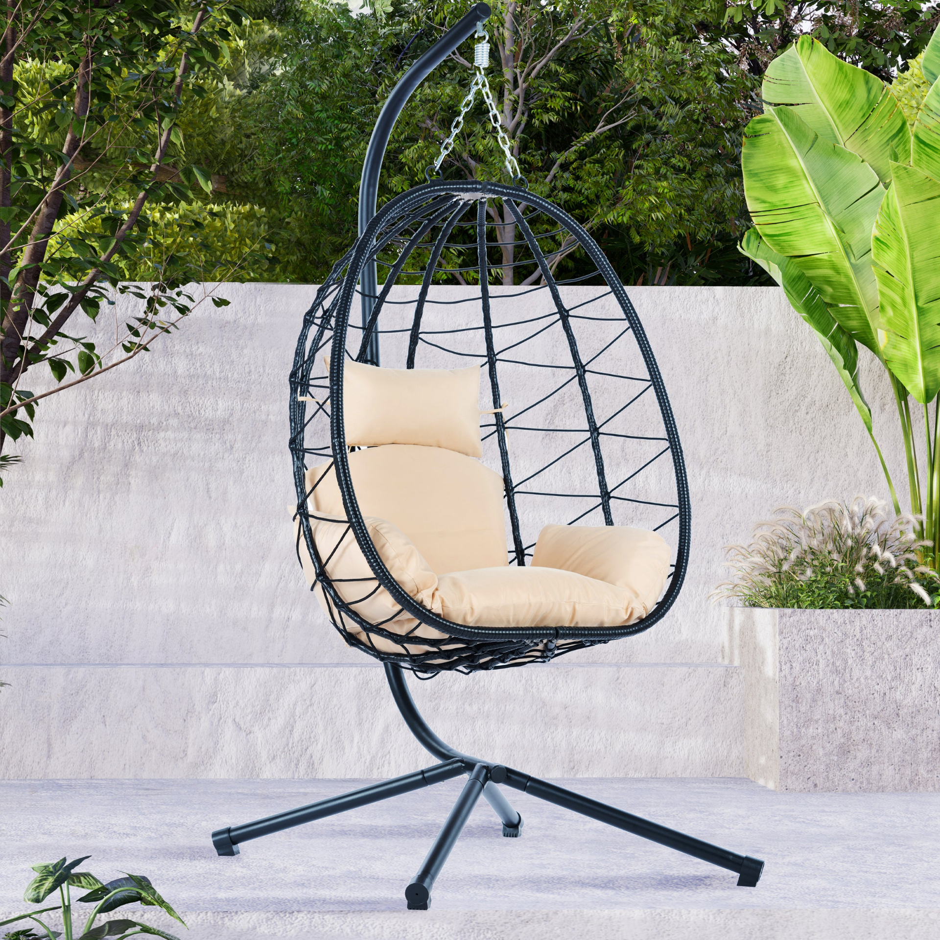 Egg Chair with Stand Indoor Outdoor Swing Chair Patio Wicker Hanging Egg Chair H - Picture 1 of 12
