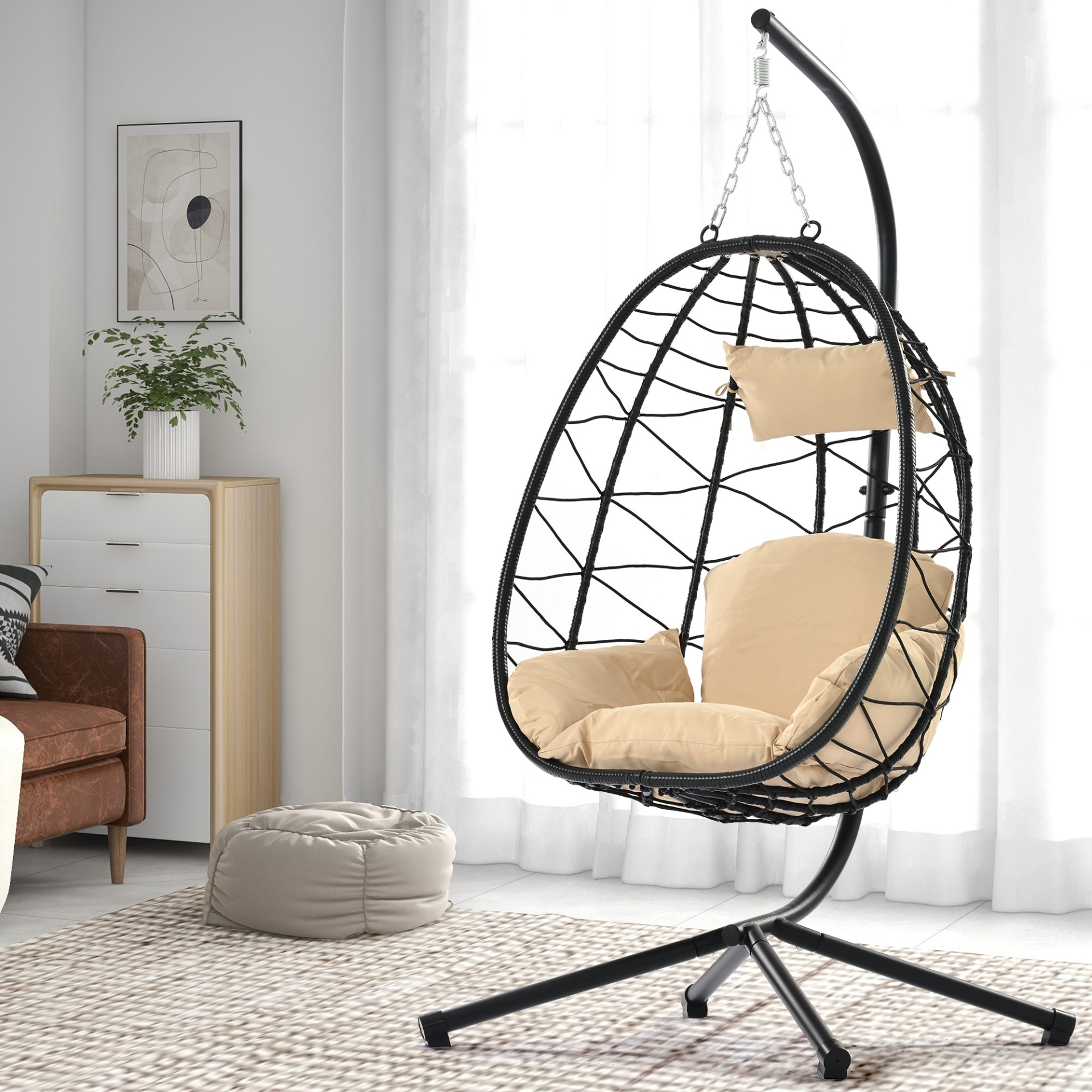 Egg Chair with Stand Indoor Outdoor Swing Chair Patio Wicker Hanging Egg Chair H - Picture 2 of 12