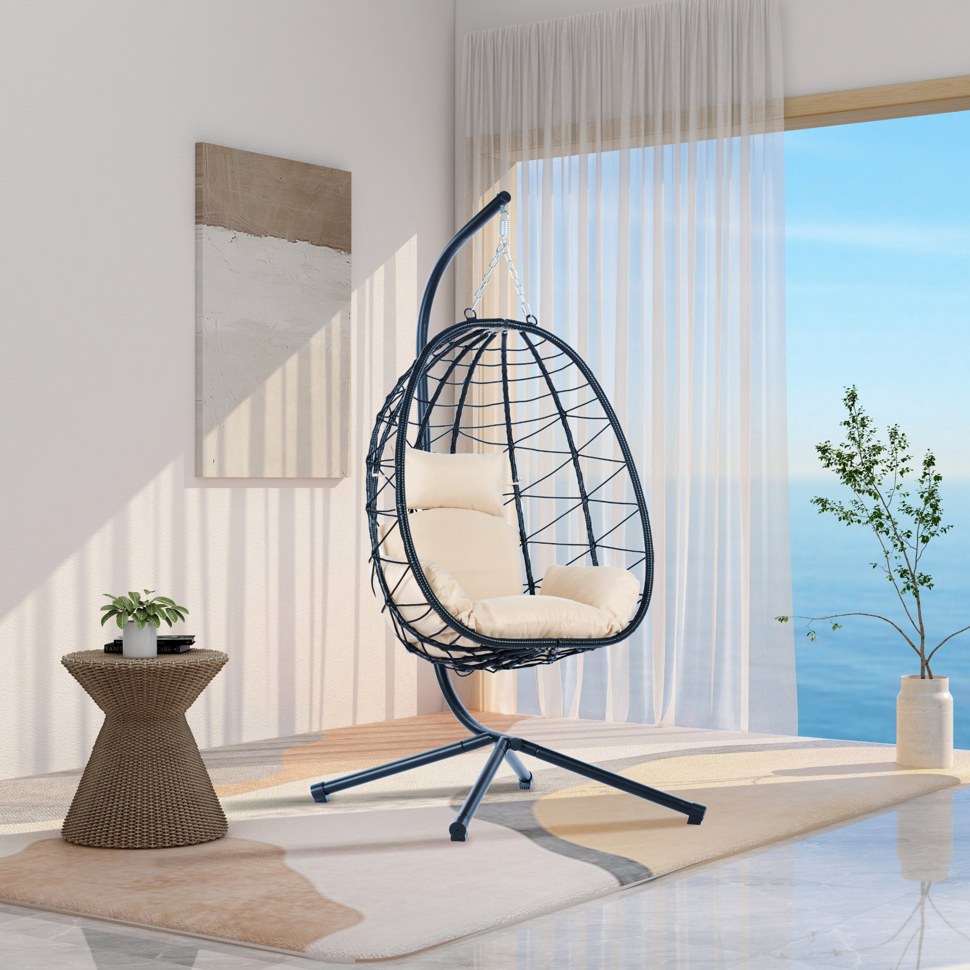 Egg Chair with Stand Indoor Outdoor Swing Chair Patio Wicker Hanging Egg Chair H - Picture 4 of 12