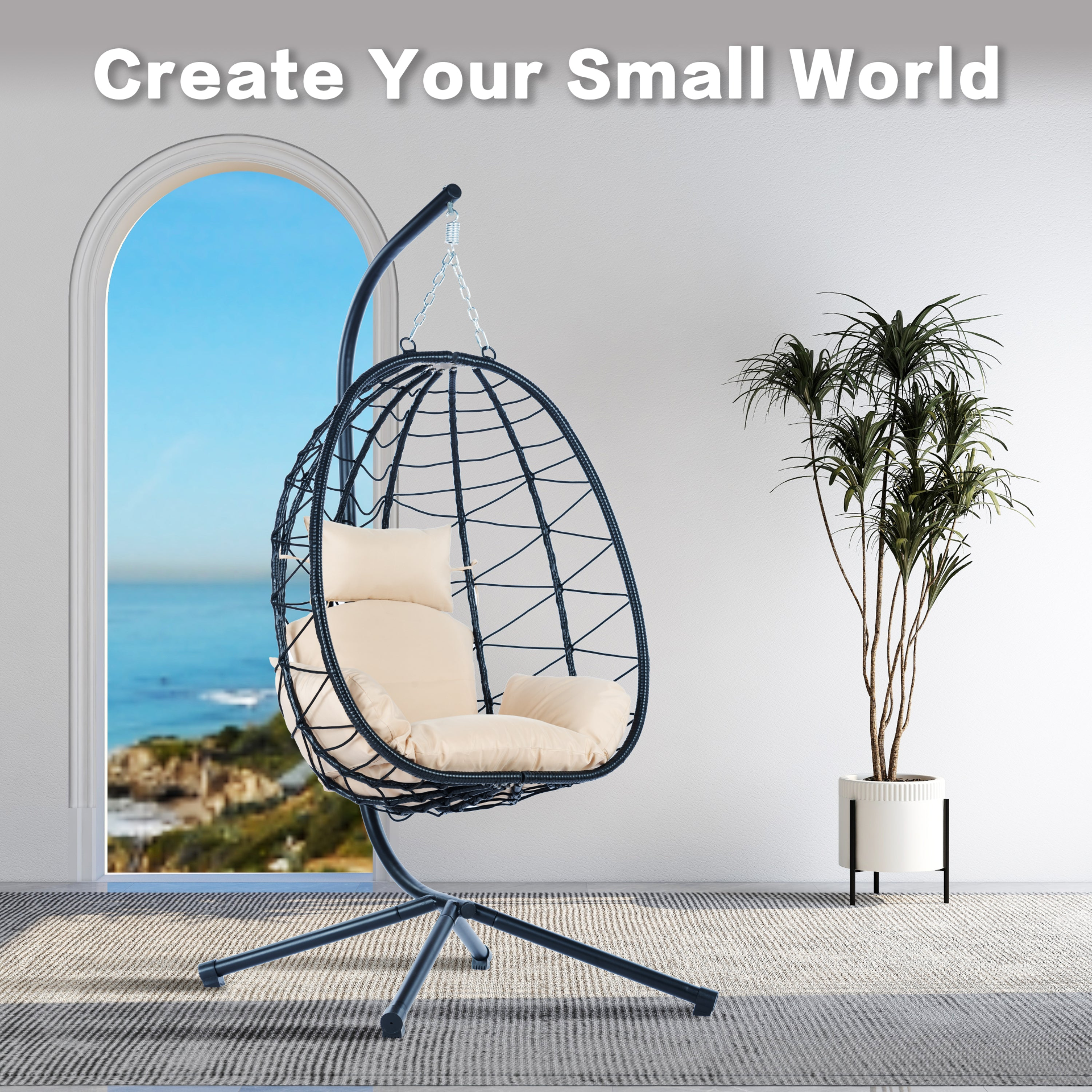 Egg Chair with Stand Indoor Outdoor Swing Chair Patio Wicker Hanging Egg Chair H - Picture 5 of 12
