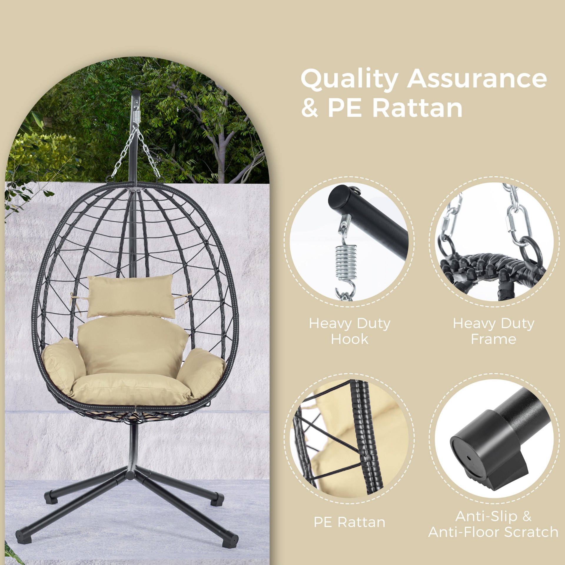Egg Chair with Stand Indoor Outdoor Swing Chair Patio Wicker Hanging Egg Chair H - Picture 6 of 12