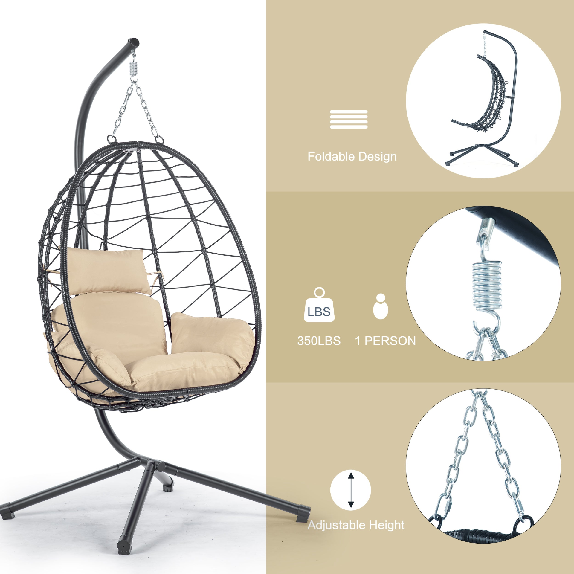 Egg Chair with Stand Indoor Outdoor Swing Chair Patio Wicker Hanging Egg Chair H - Picture 7 of 12