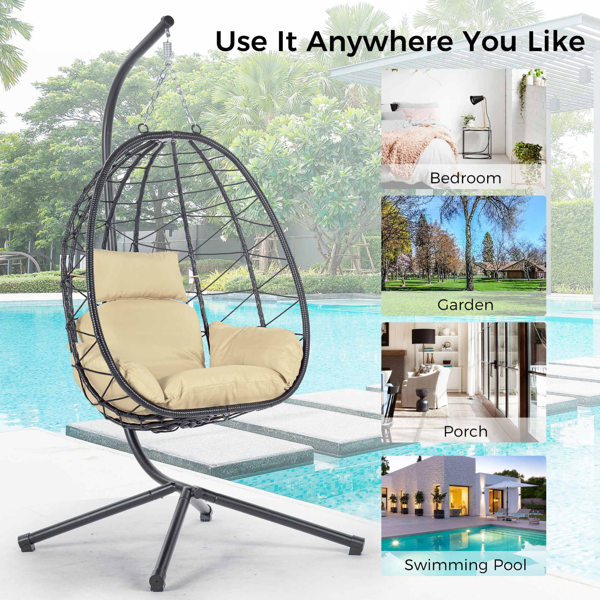 Egg Chair with Stand Indoor Outdoor Swing Chair Patio Wicker Hanging Egg Chair H - Picture 8 of 12