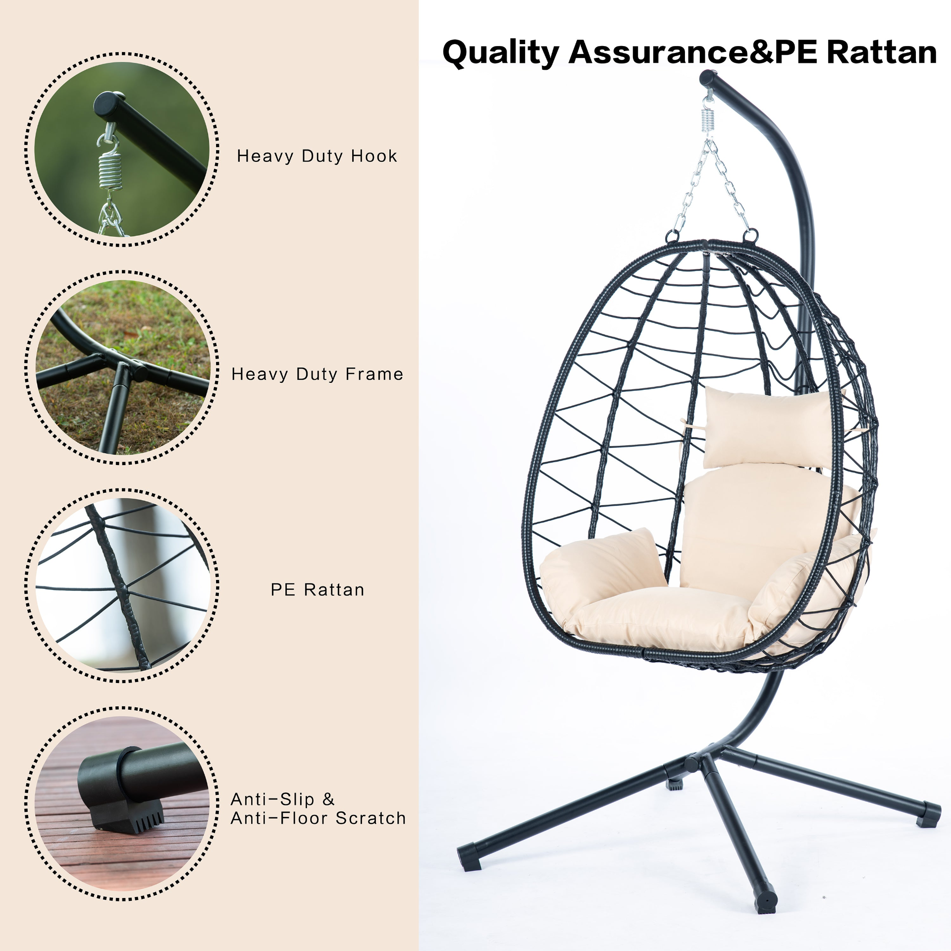 Egg Chair with Stand Indoor Outdoor Swing Chair Patio Wicker Hanging Egg Chair H - Picture 11 of 12