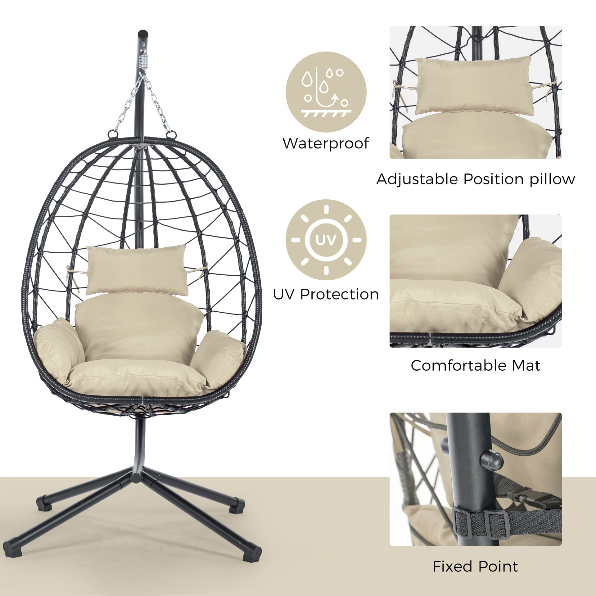 Egg Chair with Stand Indoor Outdoor Swing Chair Patio Wicker Hanging Egg Chair H - Picture 12 of 12