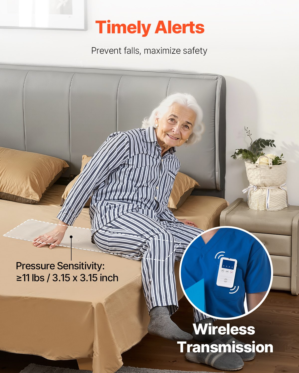 Early Alert Bed Alarm System Wireless Bed Sensor Pad with Call Button & Pager