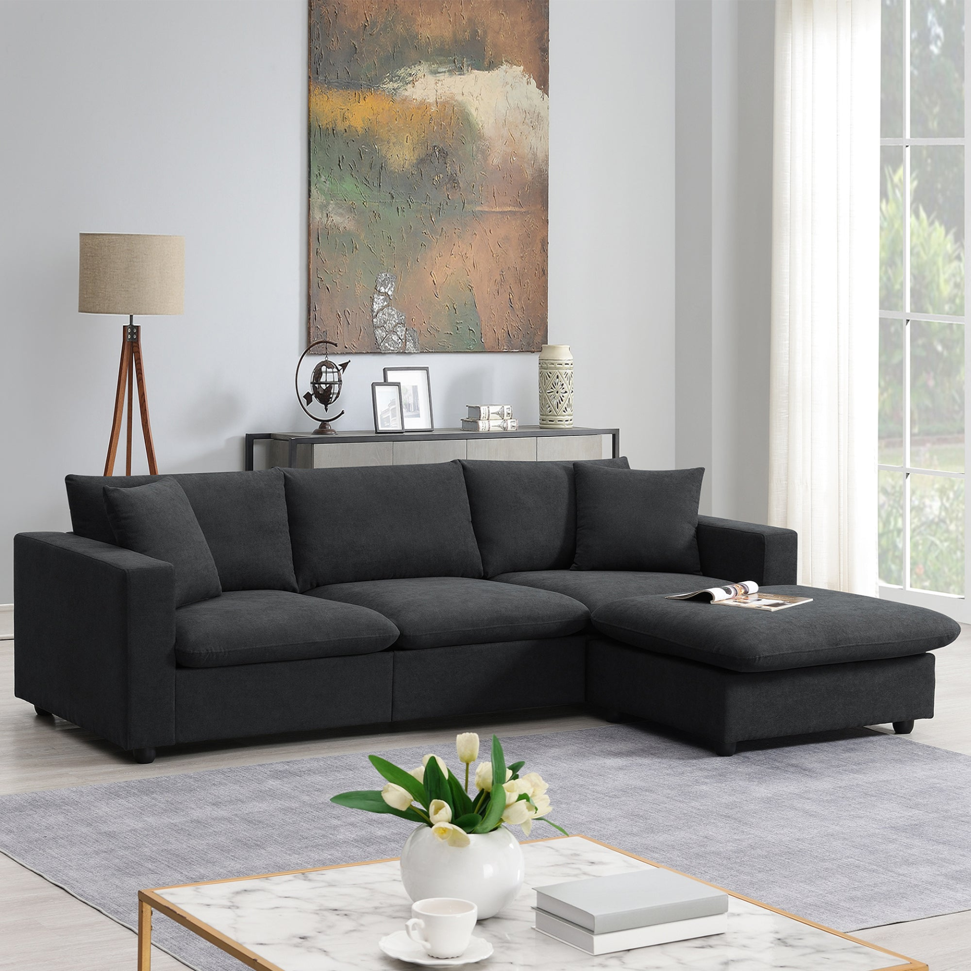 101*66' Modern Sectional Sofa with Throw Pillows, 4 Colors