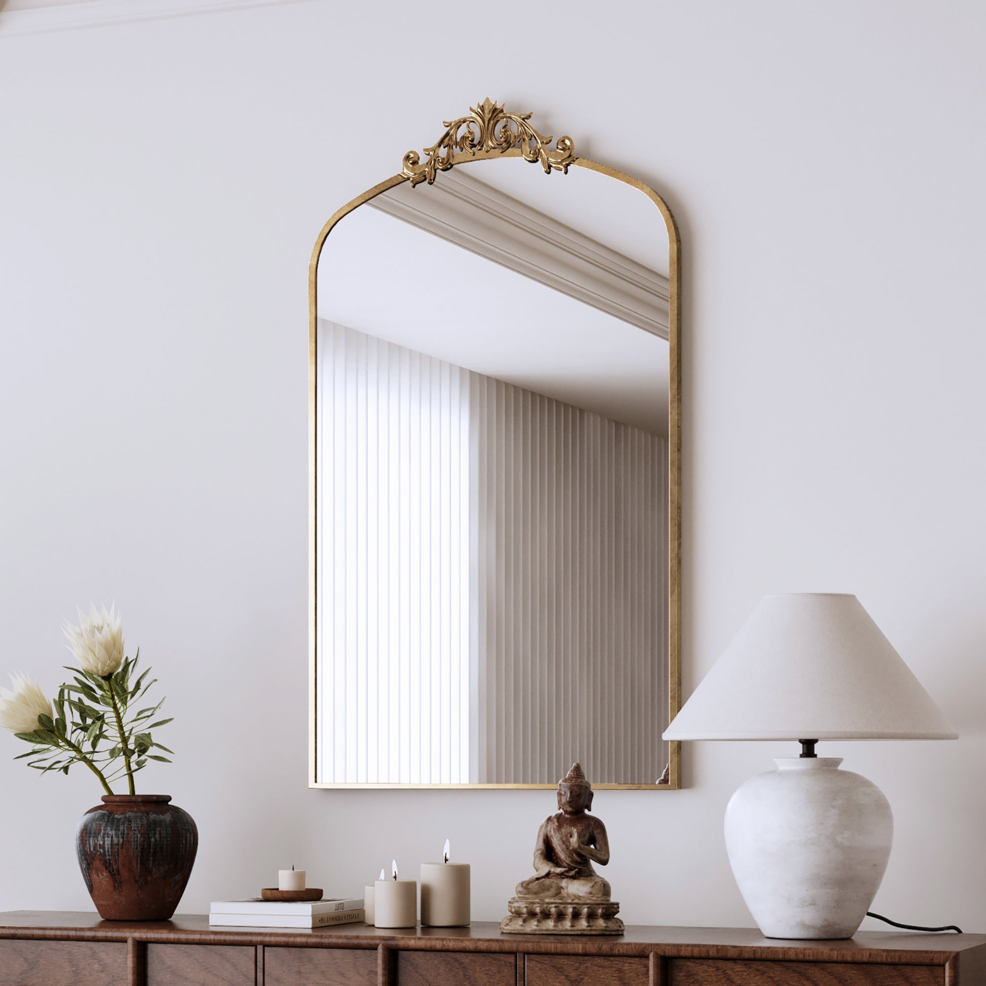 43x24 Inch Vintage Ornate Arched Floor Mirror - Antique Bronze Metal Framed Dres