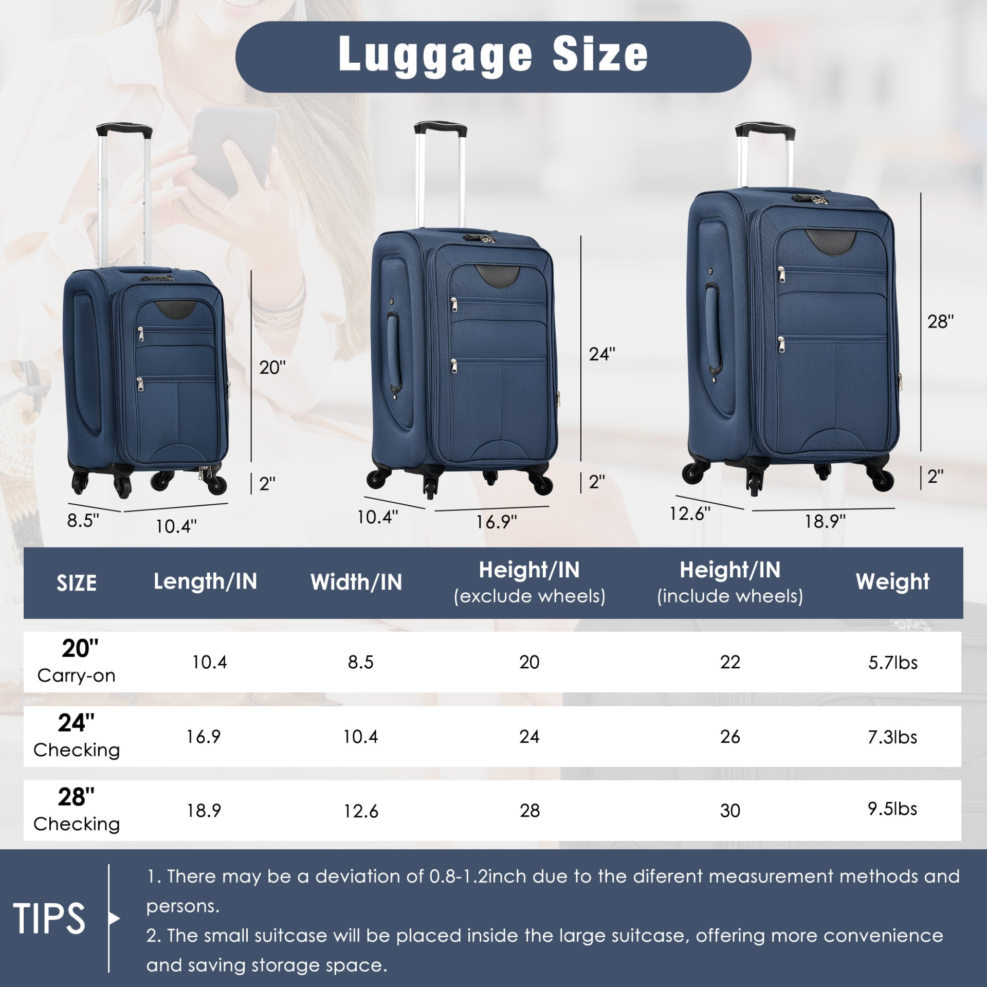 Softside Luggage Expandable 3 Piece Set Suitcase with Duffel Bag Upright Spinner - Picture 7 of 10