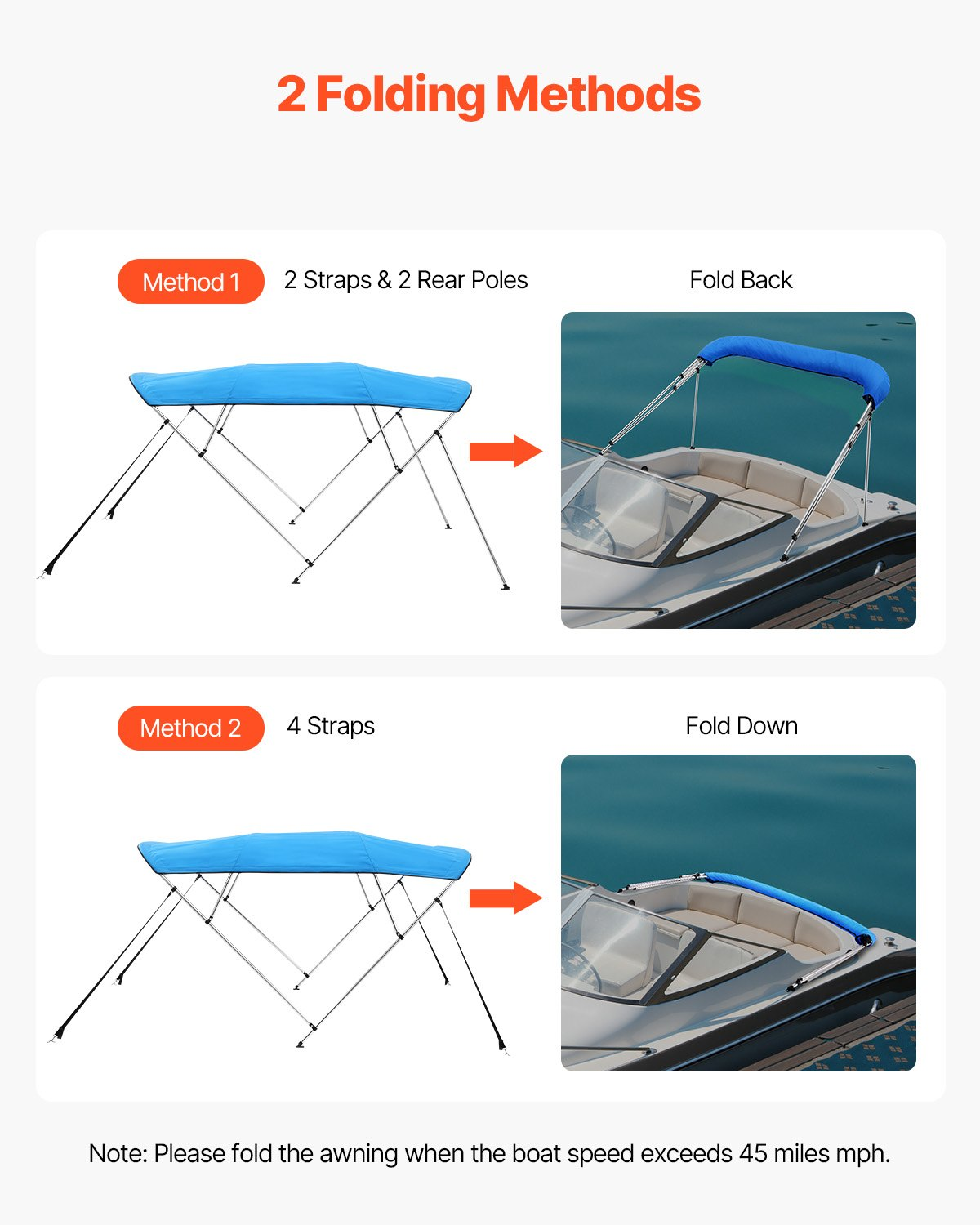 4 Bow Boat Bimini Top 96"L 600D Polyester Canopy w/ Aluminum Frame Blue