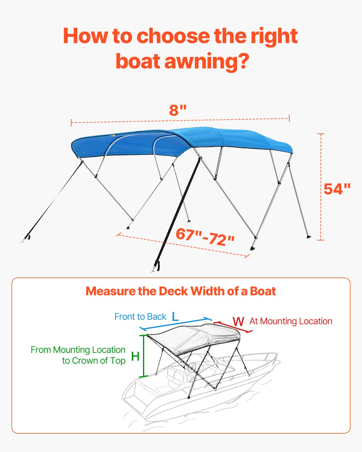4 Bow Boat Bimini Top 96"L 600D Polyester Canopy w/ Aluminum Frame Blue