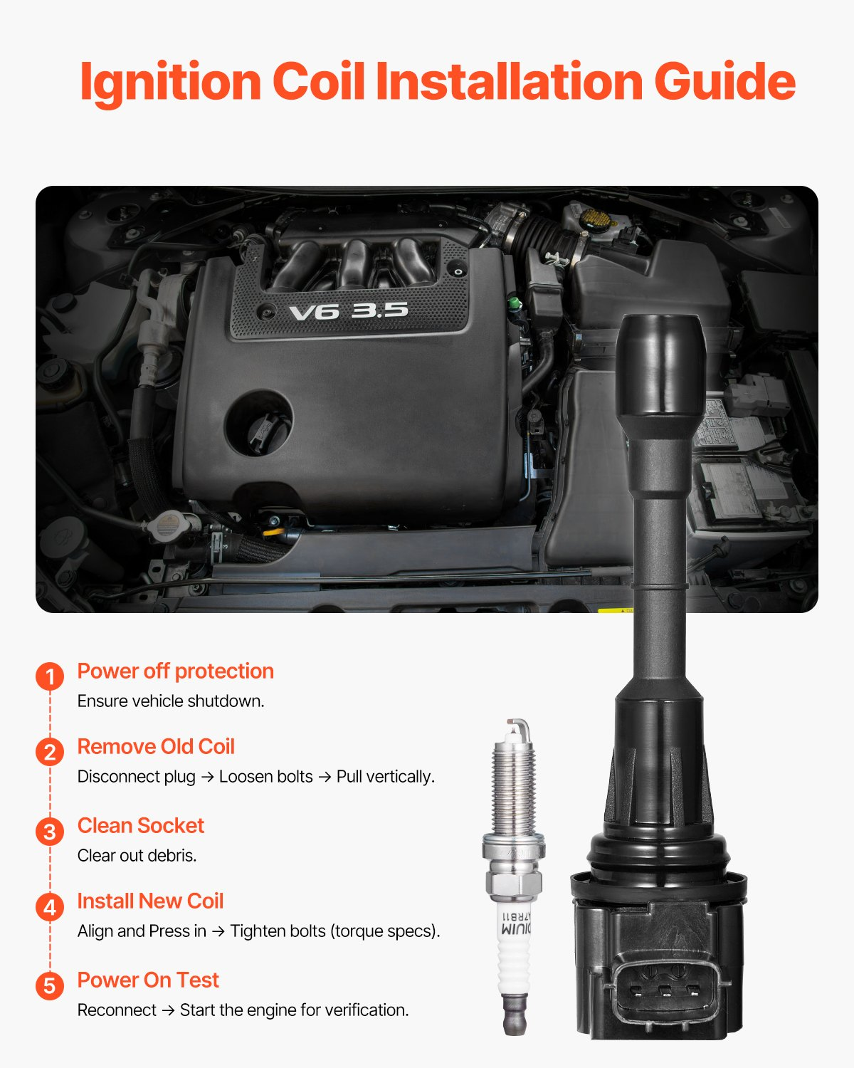 Ignition Coil Pack and Spark Plugs Set of 6 Compatible with Nissan Infiniti EX35 - Picture 6 of 12