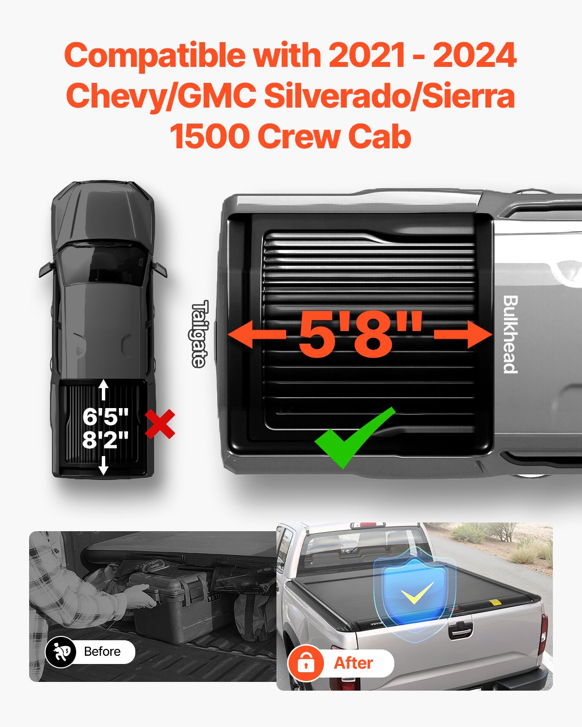 5.8 ft Retractable Tonneau Cover for Chevy/GMC Silverado/Sierra 1500