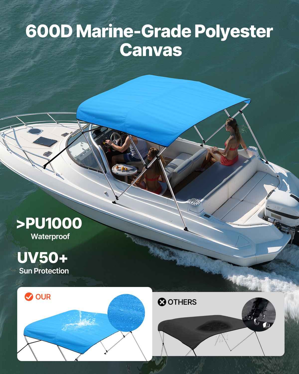 3 Bow Boat Bimini Top 72″L 79″-84″W 600D Waterproof Canopy w/ Aluminum Frame