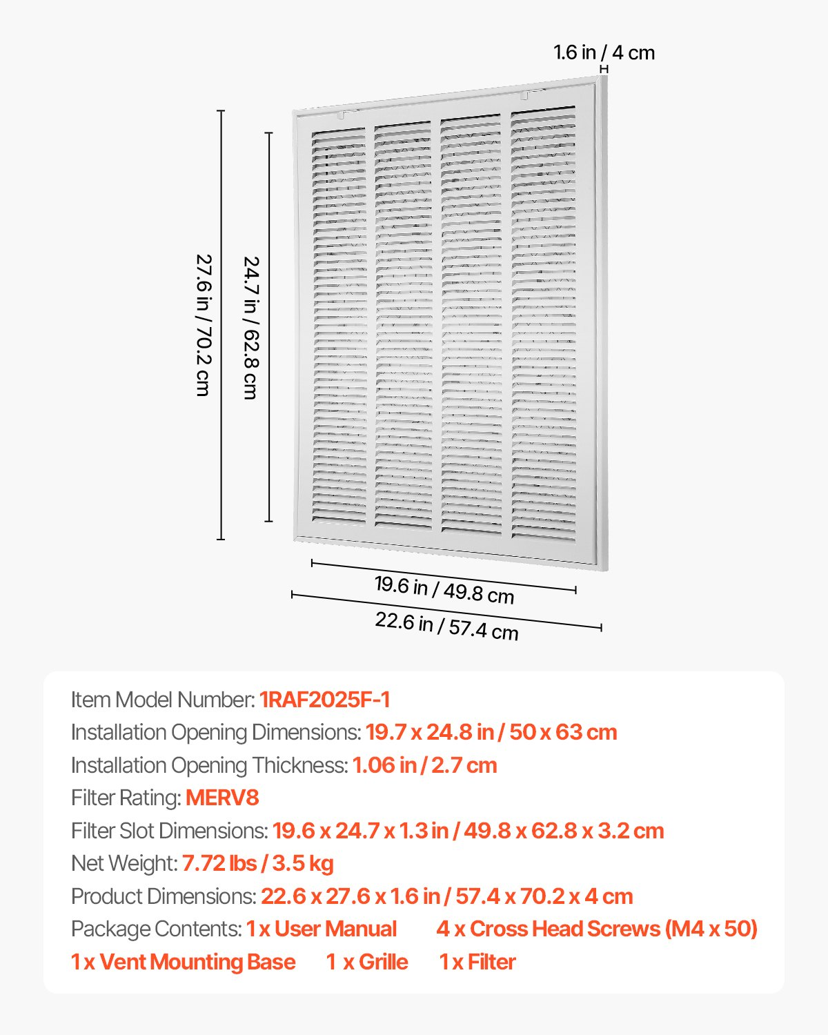Return Air Filter Grille Fits W20 x H25 In Duct Opening Air Grille with Filter - Picture 7 of 12