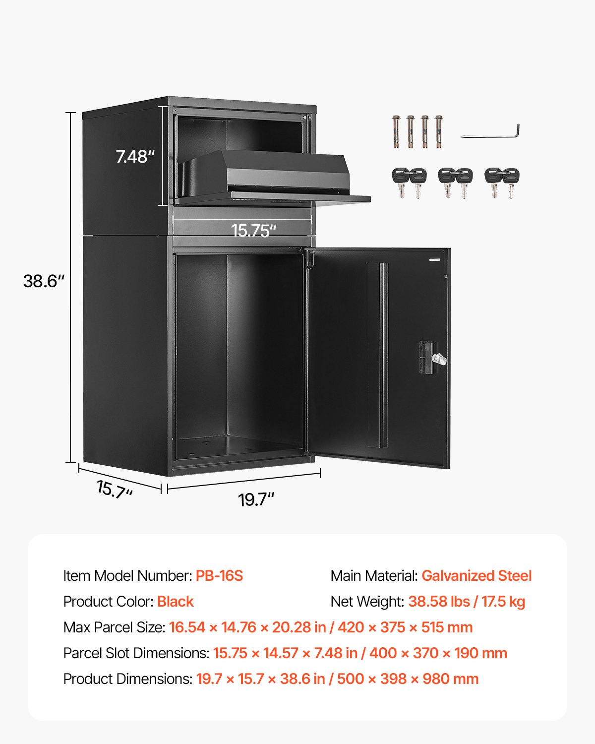 Package Delivery Boxes for Outside, 38.6 in Mailbox for Parcel with Lock, Black
