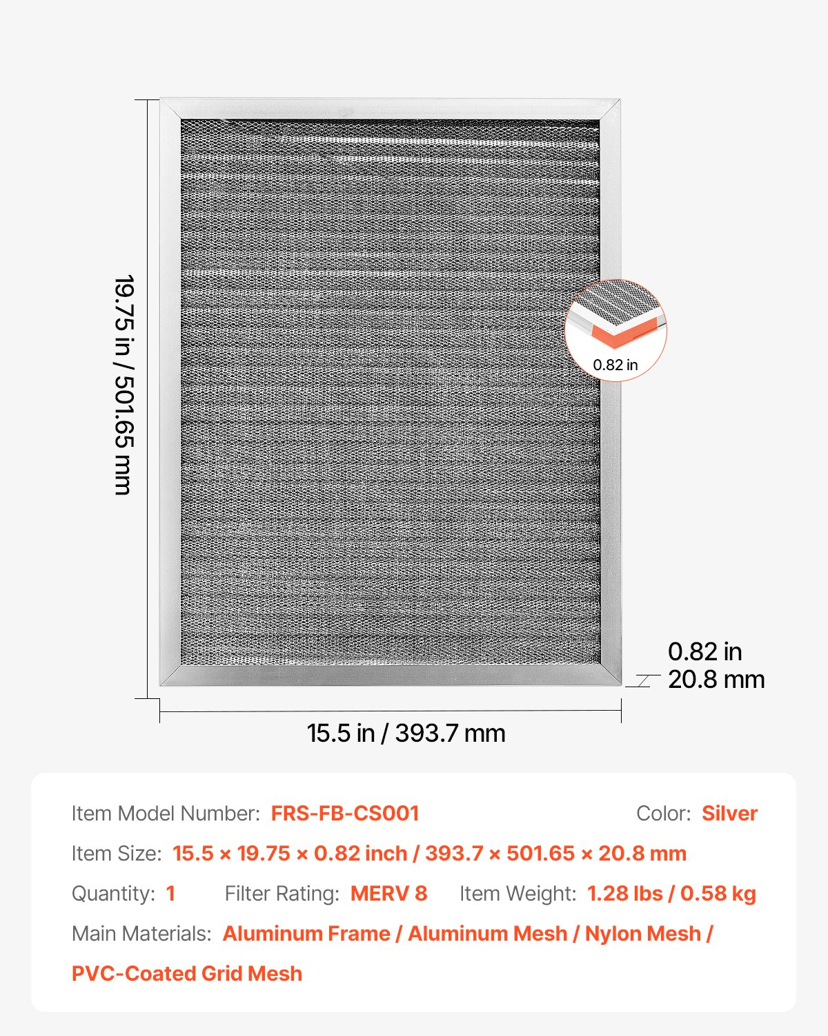 16x20x1 Aluminum Electrostatic Air Filter MERV 8 Actual 15.5x19.75x0.82 - Picture 7 of 12