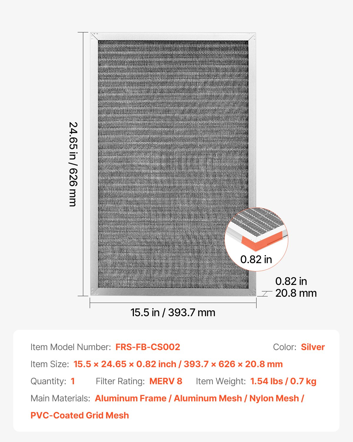 16x25x1 Aluminum Electrostatic Air Filter MERV 8 Actual 15.5x24.65x0.82 - Picture 7 of 12
