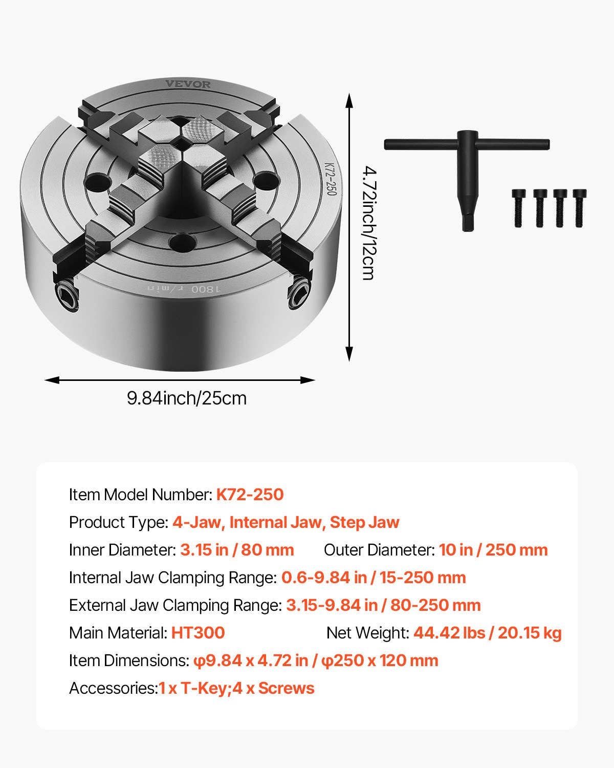 10 Inch 4-Jaw Self-Centering Lathe Chuck for Drilling Milling