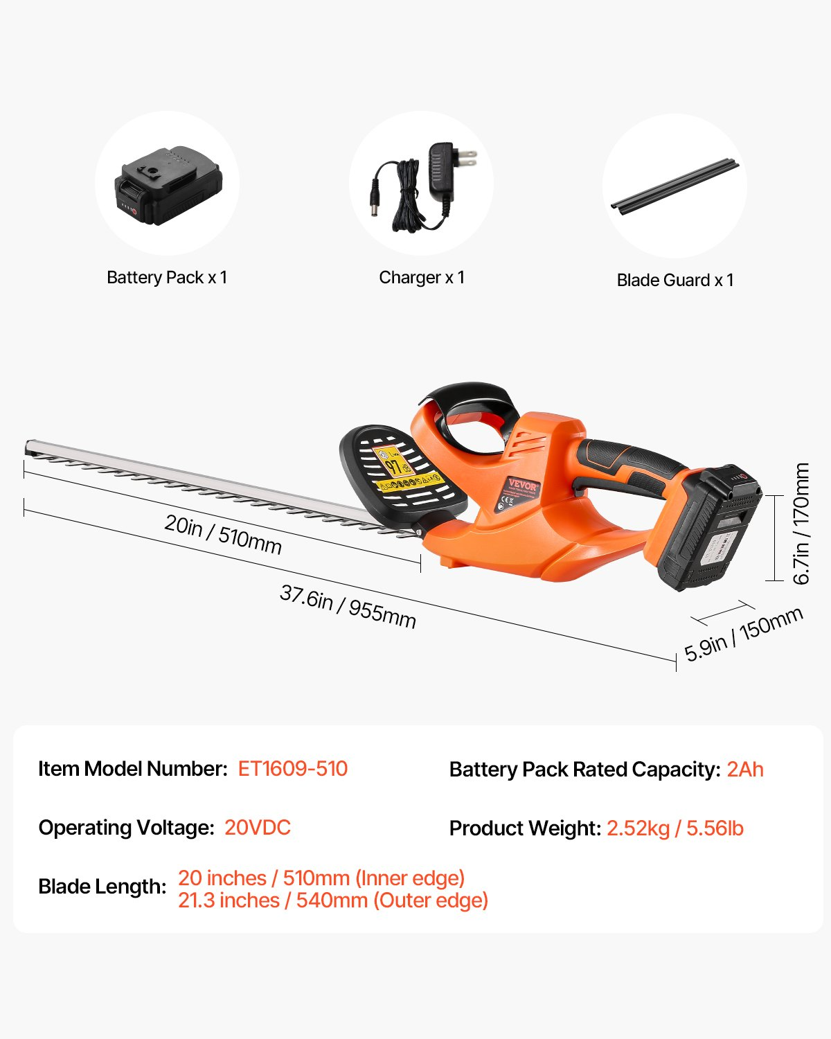 Cordless Electric Hedge Trimmer 20V Battery 20in Dual-Action Blade Bush Cutter - Picture 6 of 10