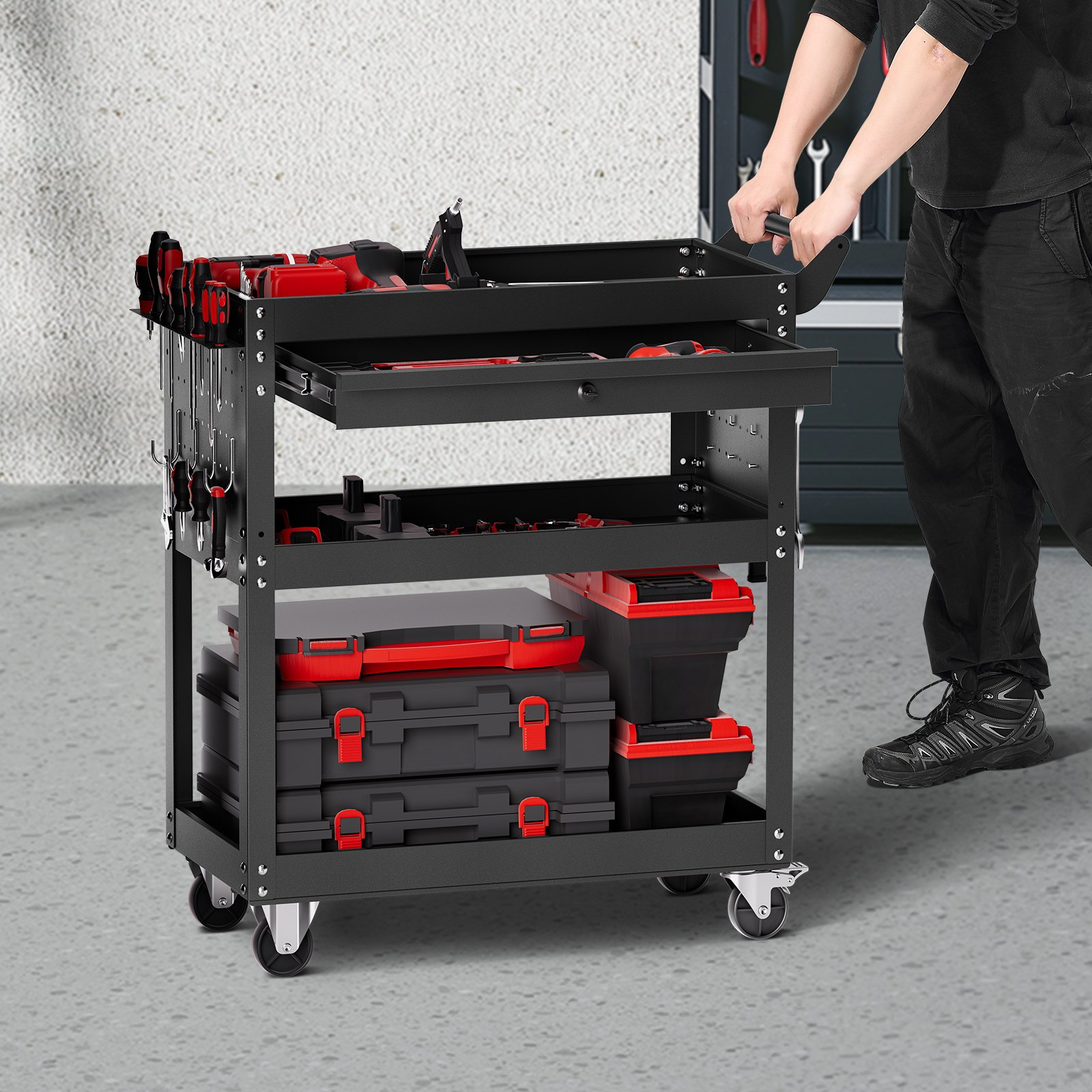 4-Tier Tool Cart on Wheels 350 lb Rolling Work Cart with Drawer & Pegboard