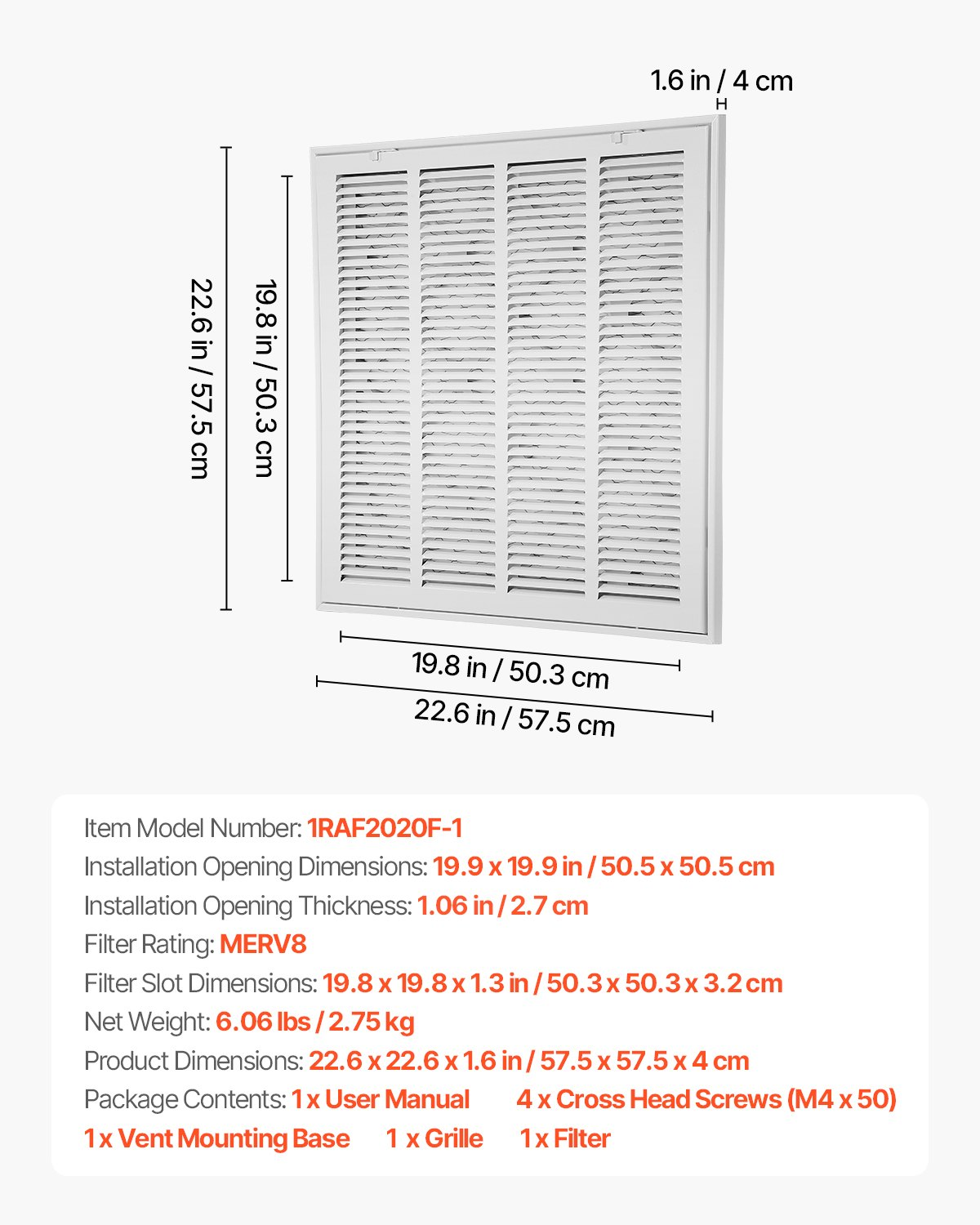 Return Air Filter Grille Fits W20 x H20 In Duct Opening Air Grille with Filter - Picture 7 of 12