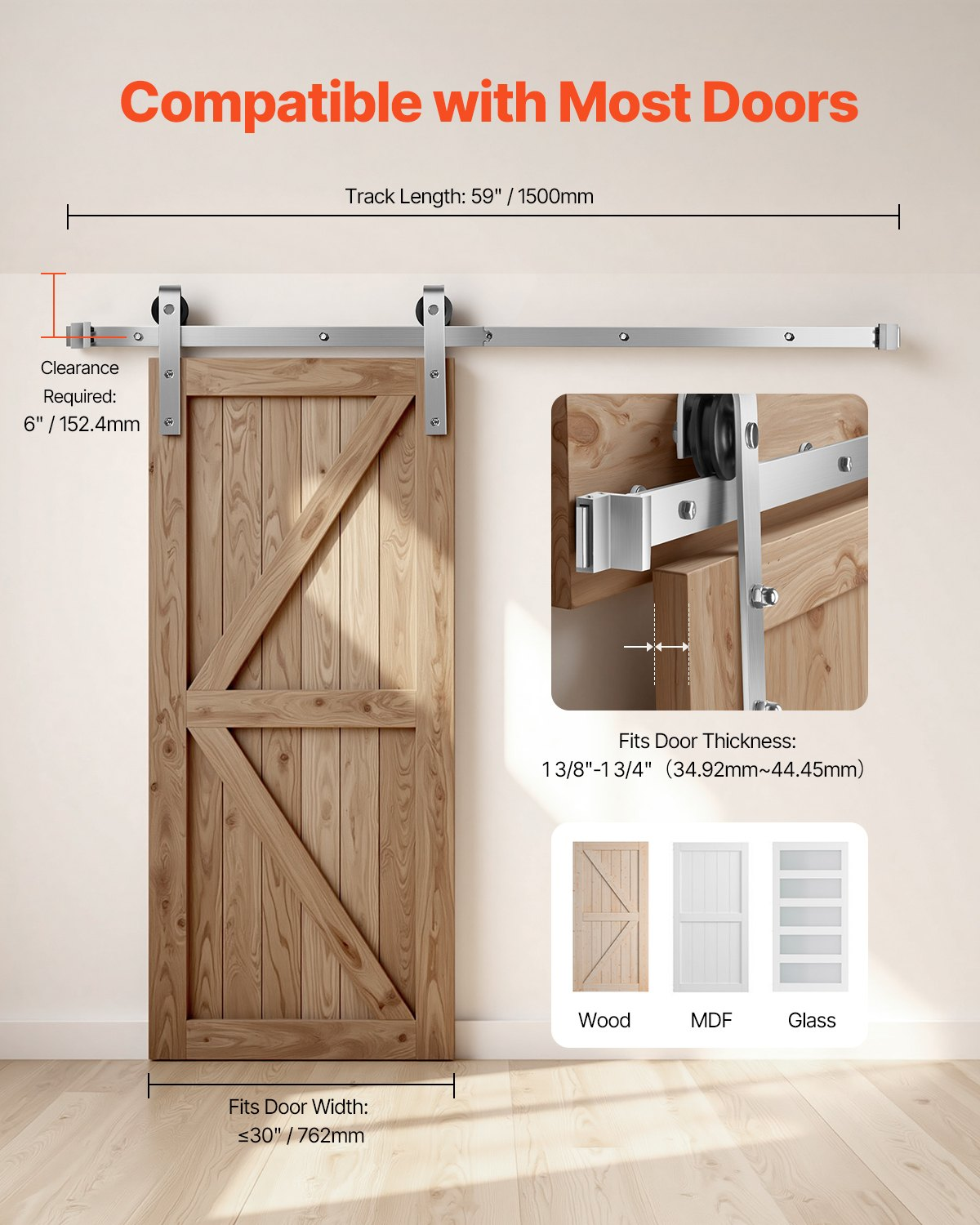5FT Sliding Barn Door Hardware Kit for Single Sliding Barn Door Silver