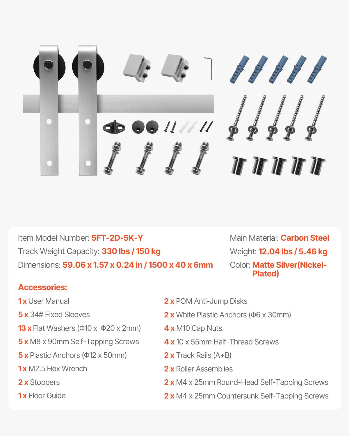 5FT Sliding Barn Door Hardware Kit for Single Sliding Barn Door Silver