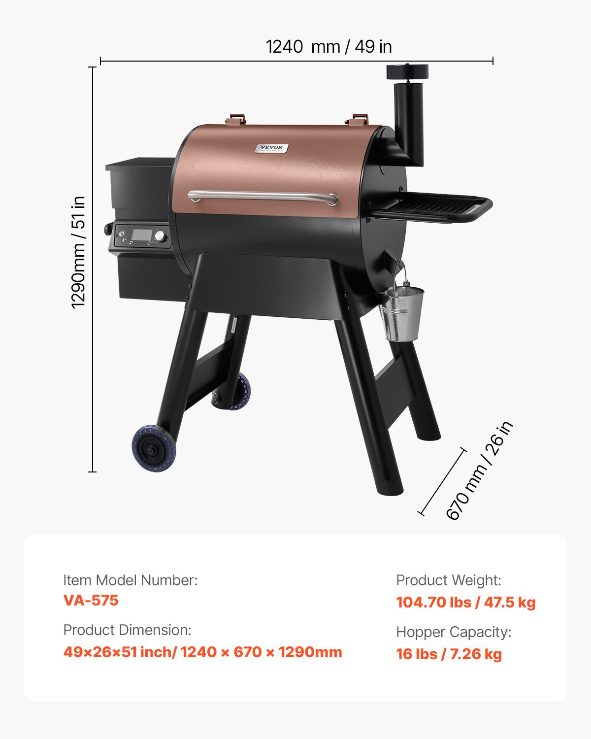 Wood Pellet Grill Smoker Outdoor Electric BBQ Grills 575 Sq.in Cook Area - Picture 7 of 12
