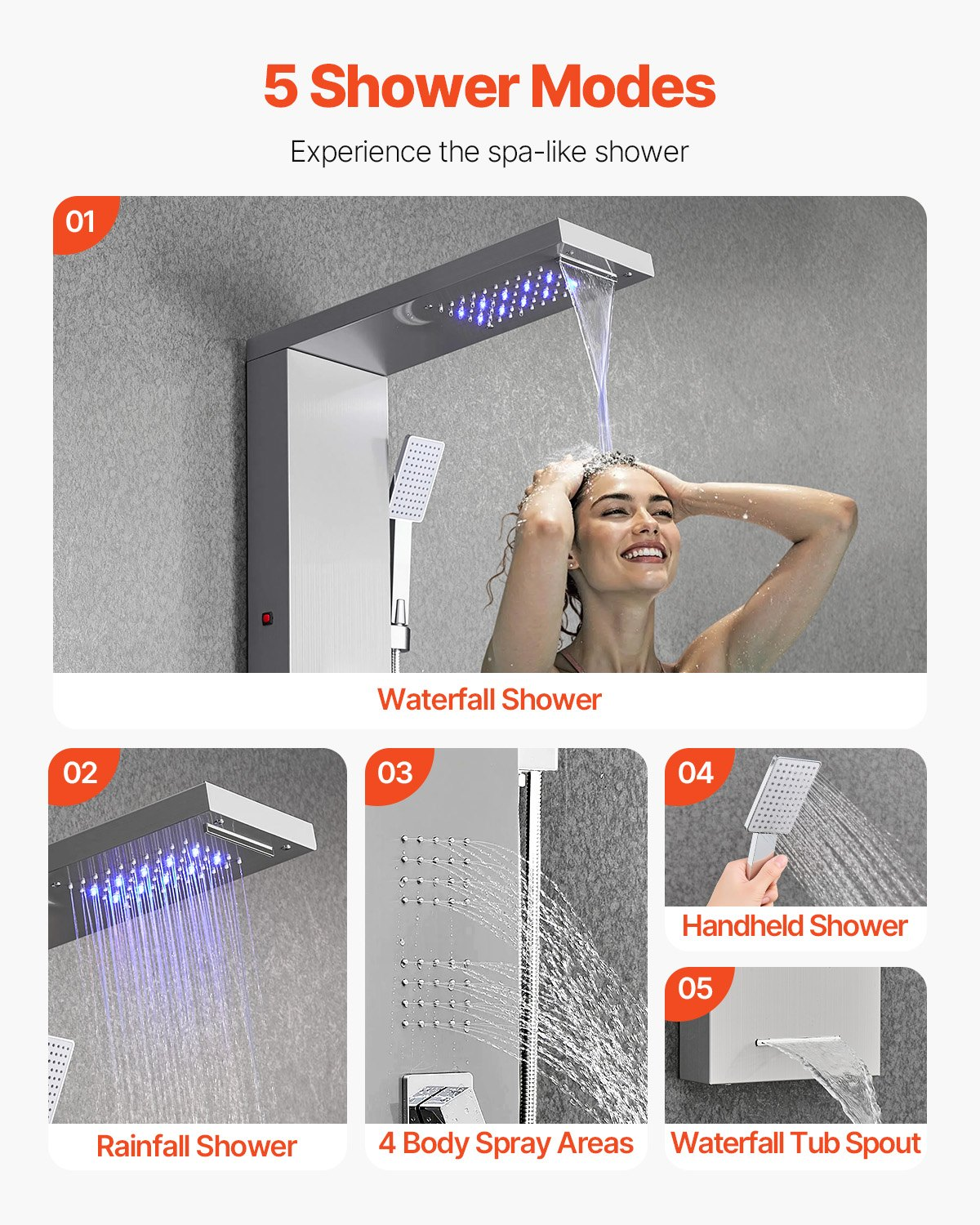 Shower Panel Tower System Stainless Steel Column Rainfall Waterfall Head 5 528