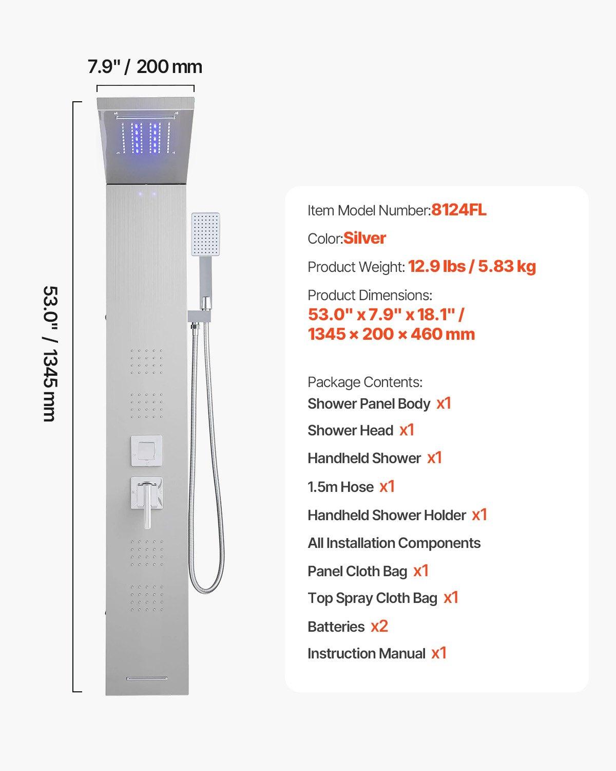 Shower Panel Tower System Stainless Steel Column Rainfall Waterfall Head 5 528