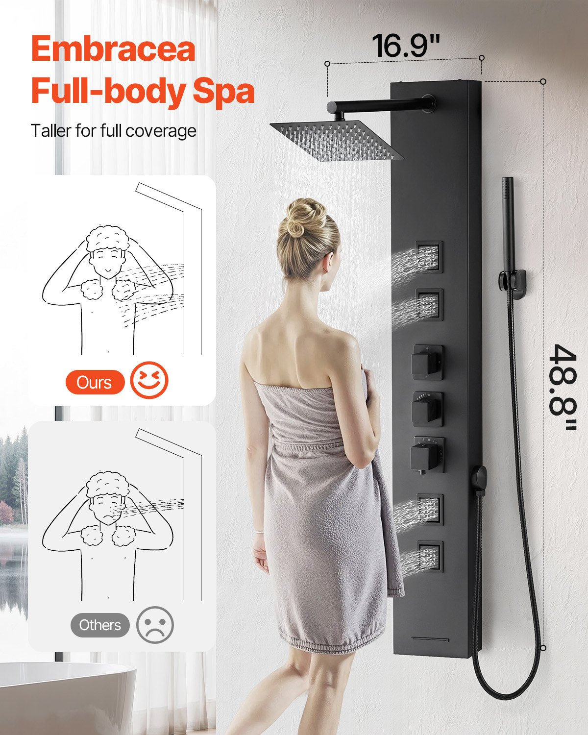 Shower Panel Tower System Stainless Steel Column Rainfall Head Massage Jet 4Mode