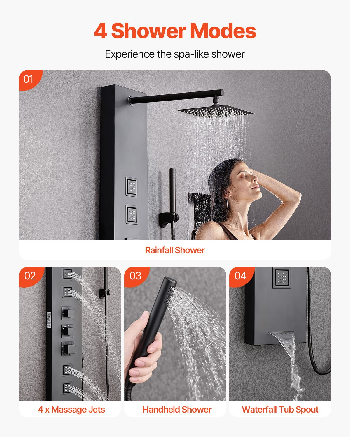 Shower Panel Tower System Stainless Steel Column Rainfall Head Massage Jet 4Mode