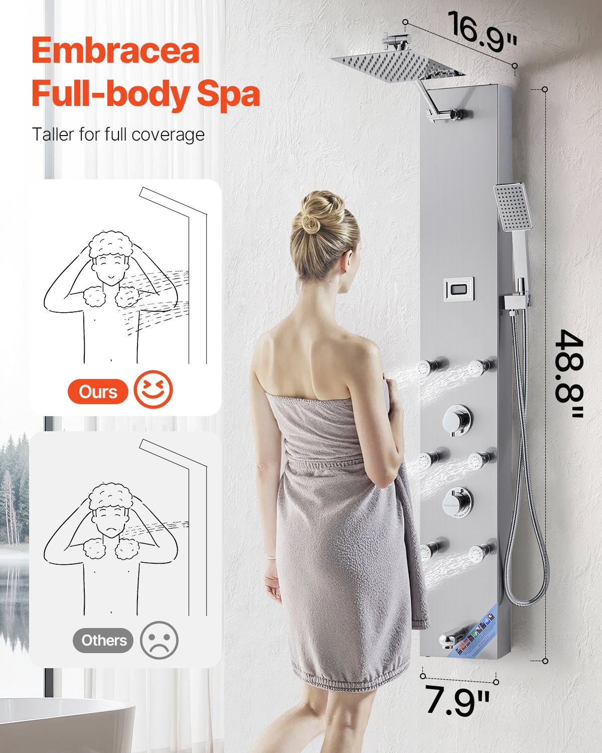 Shower Panel Tower System Stainless Steel Column Rainfall Head Massage Jet 4Mode