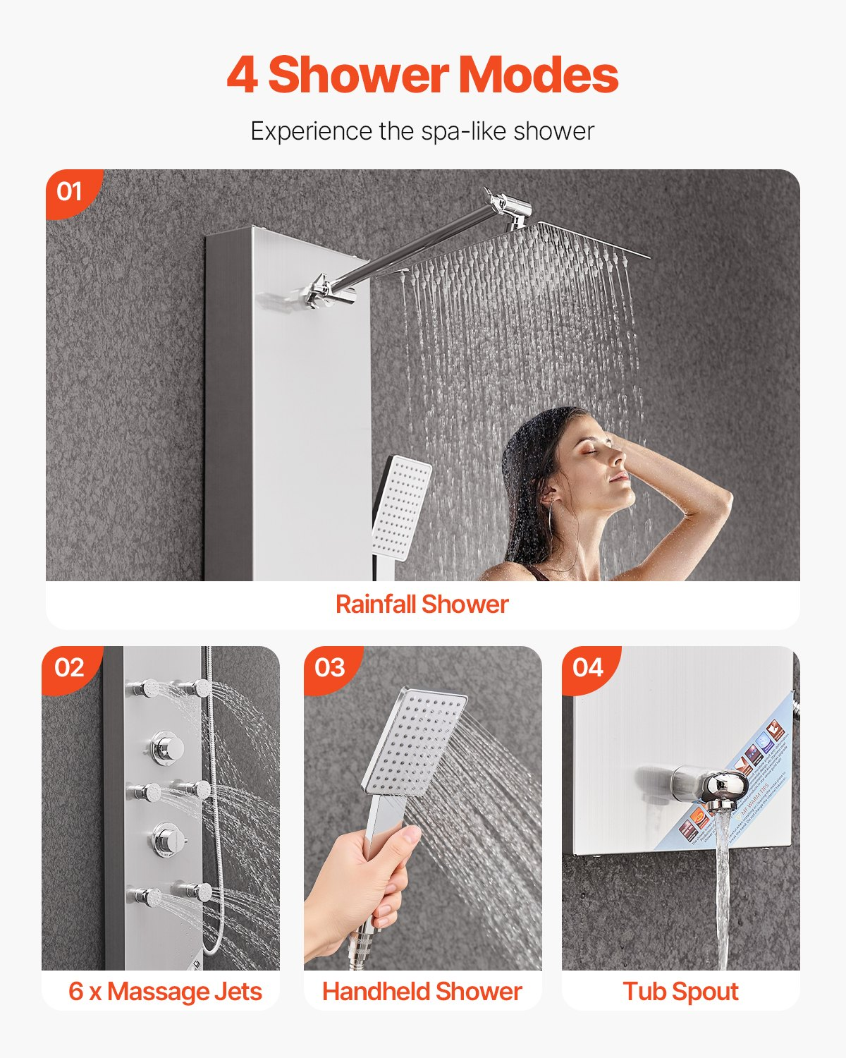 Shower Panel Tower System Stainless Steel Column Rainfall Head Massage Jet 4Mode
