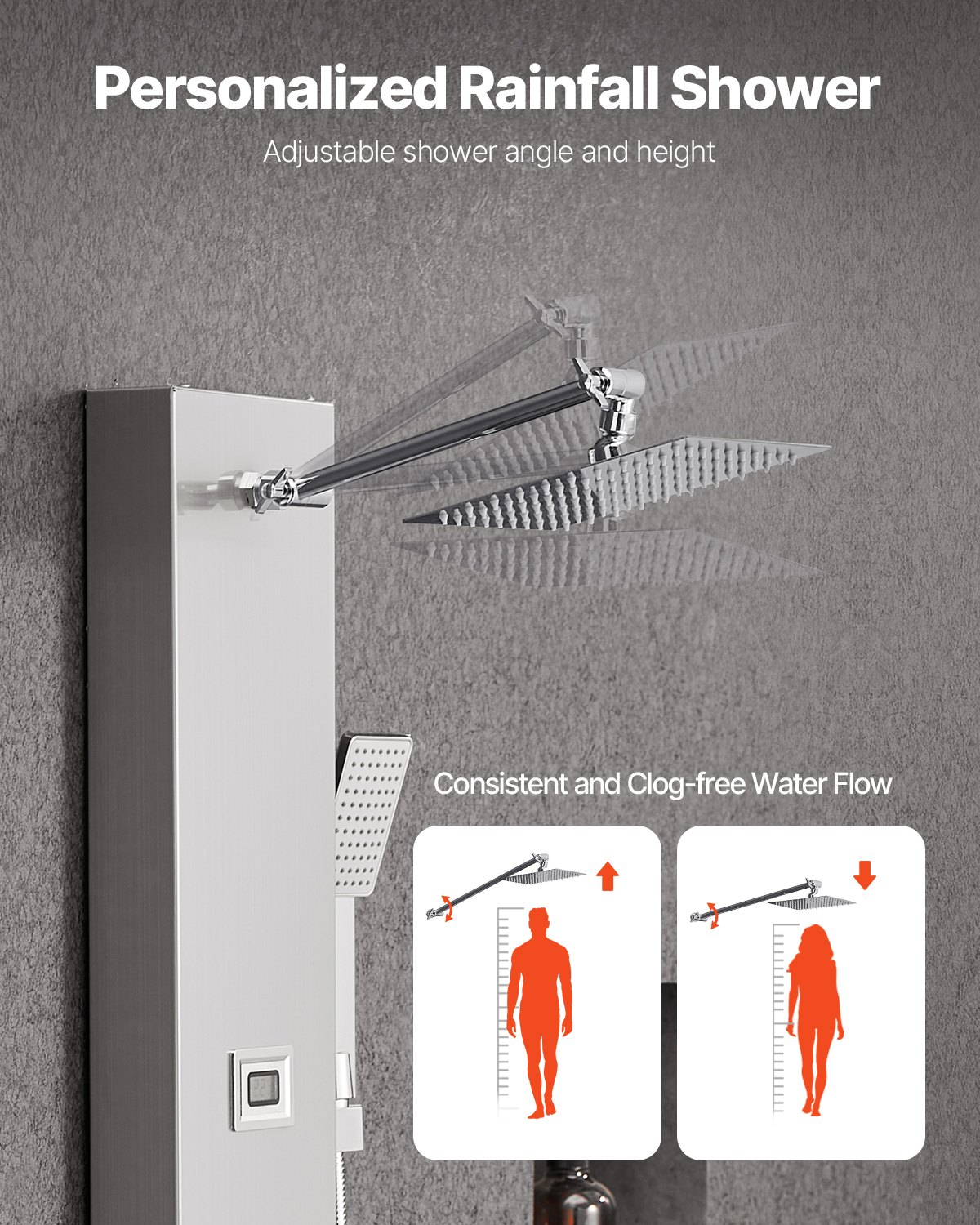 Shower Panel Tower System Stainless Steel Column Rainfall Head Massage Jet 4Mode
