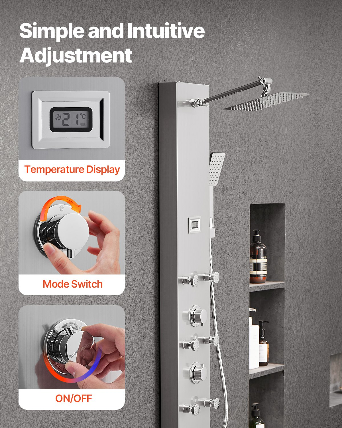 Shower Panel Tower System Stainless Steel Column Rainfall Head Massage Jet 4Mode