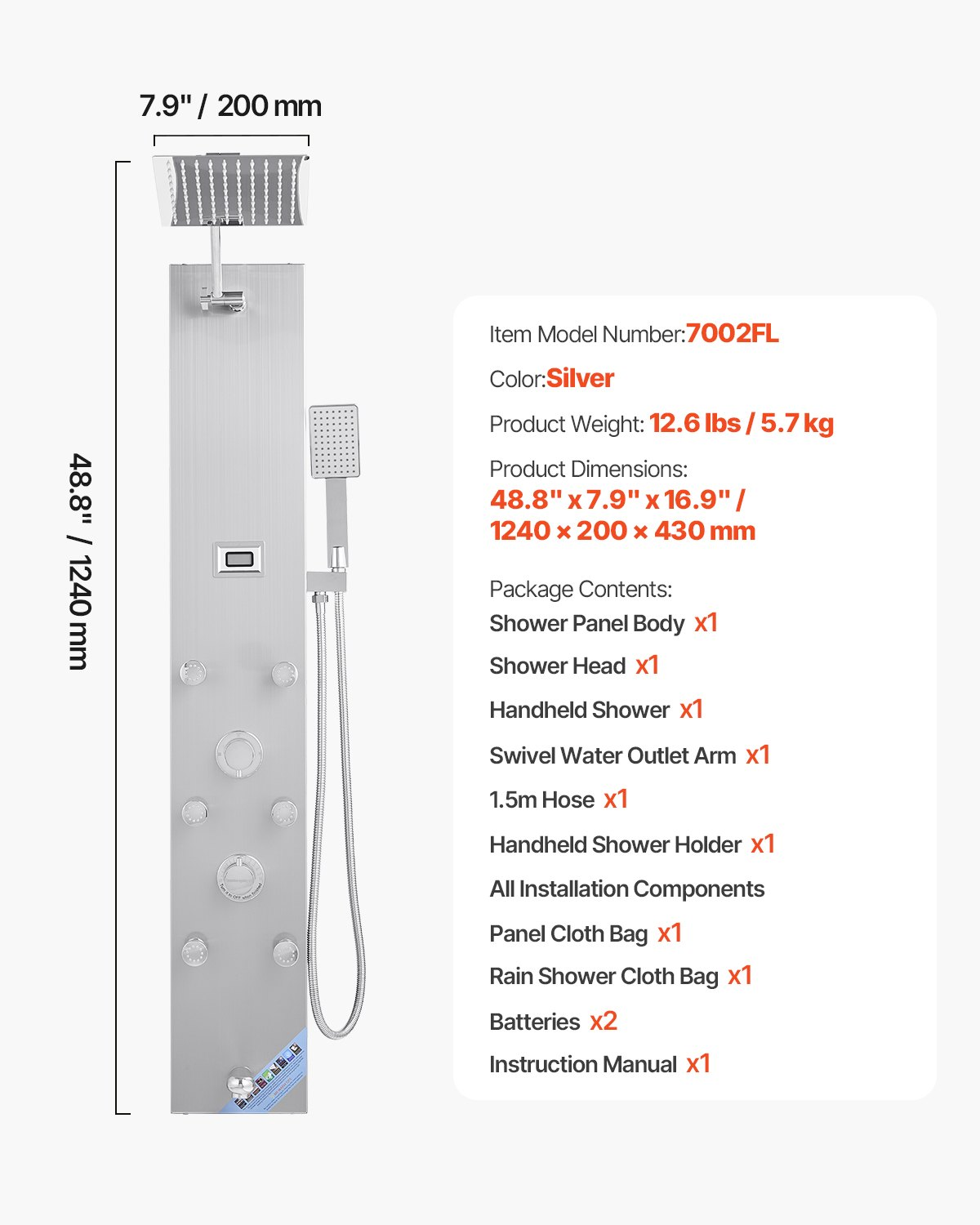 Shower Panel Tower System Stainless Steel Column Rainfall Head Massage Jet 4Mode