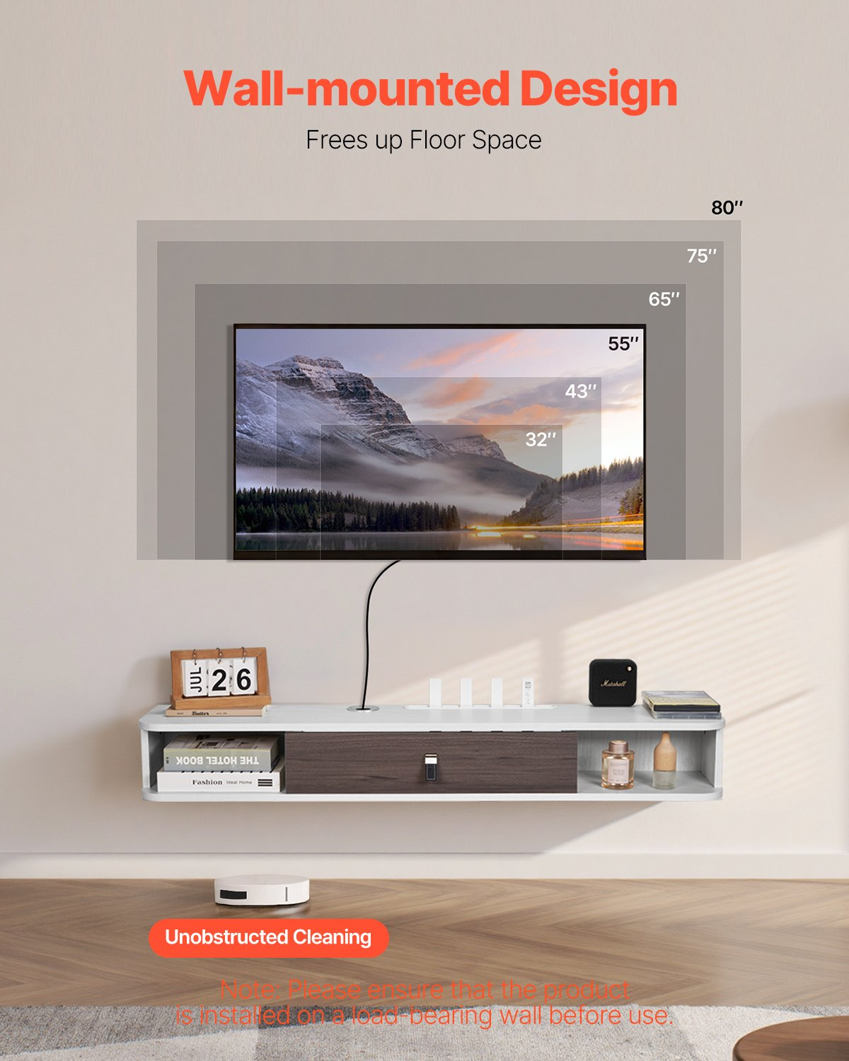 Floating TV Stand, 47 in Wall Mount Entertainment Center with Cable Hole, White