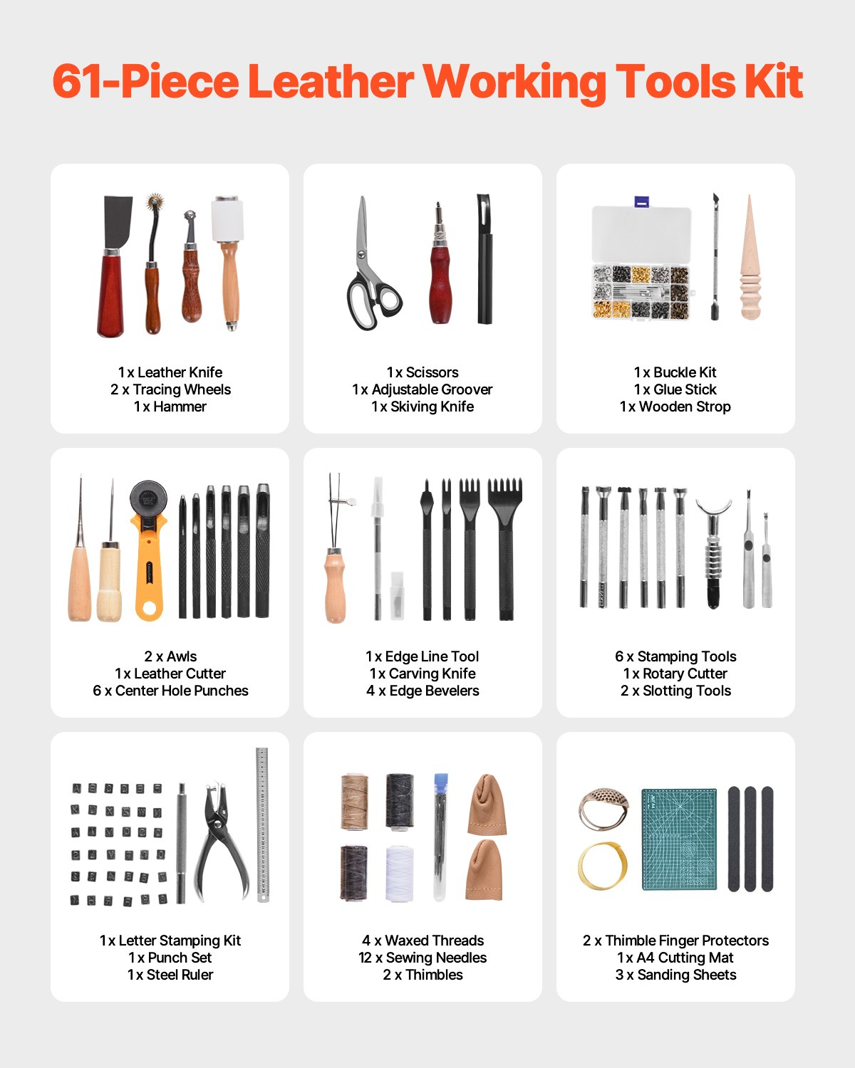 Leather Working Tools Kit 61 PCS Engraving Punching Stamping Sewing Tools