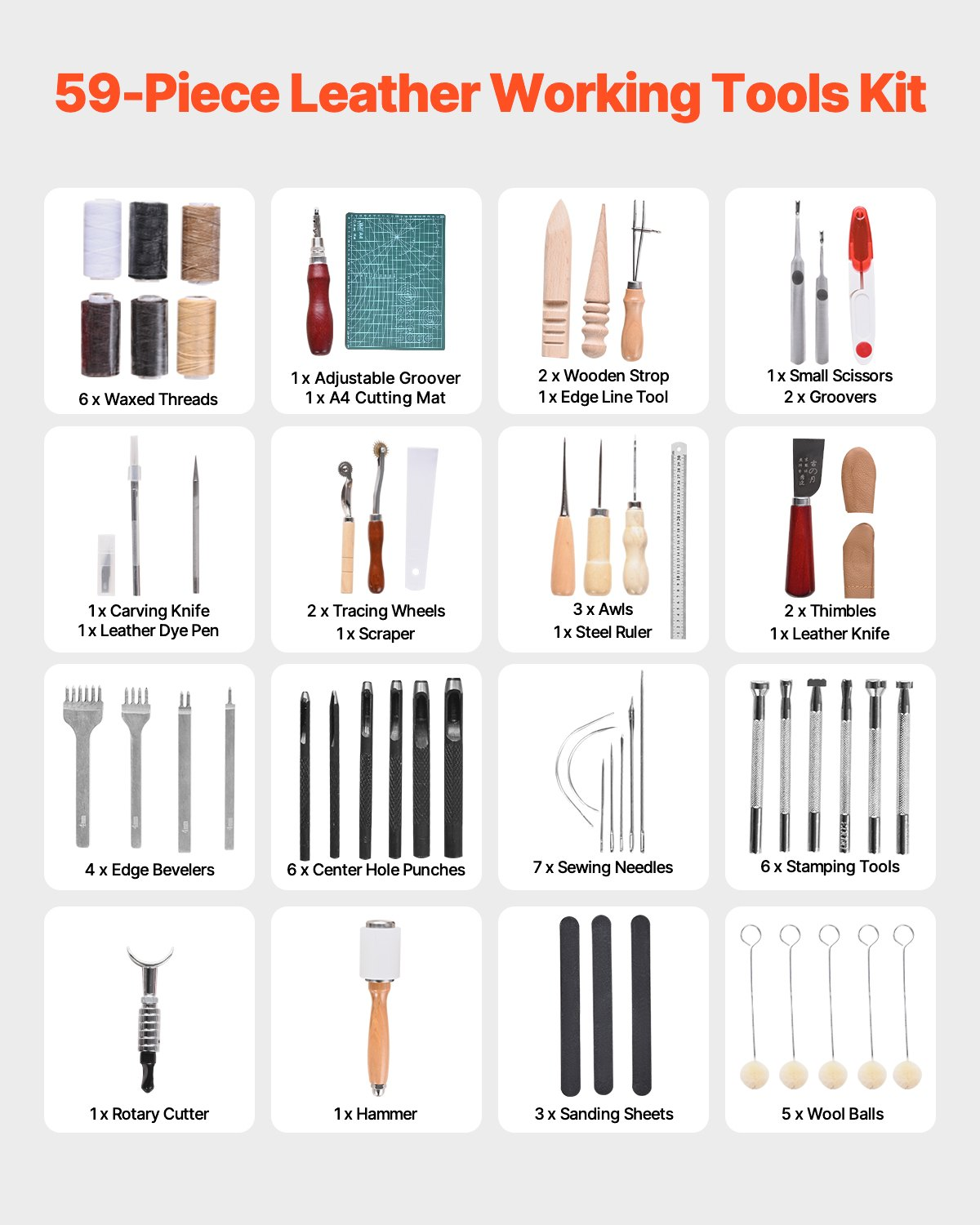 Leather Working Tools Kit 59 PCS Engraving Punching Stamping Sewing Tools