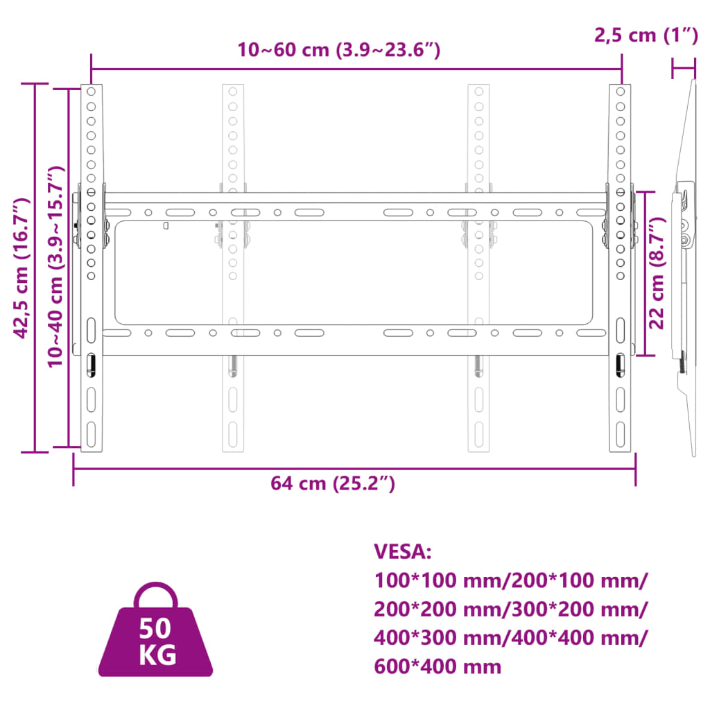 vidaXL TV Wall Mount for 26-63 Inch Screen Max VESA 23.62x15.75" 110.2 lb - Picture 8 of 8