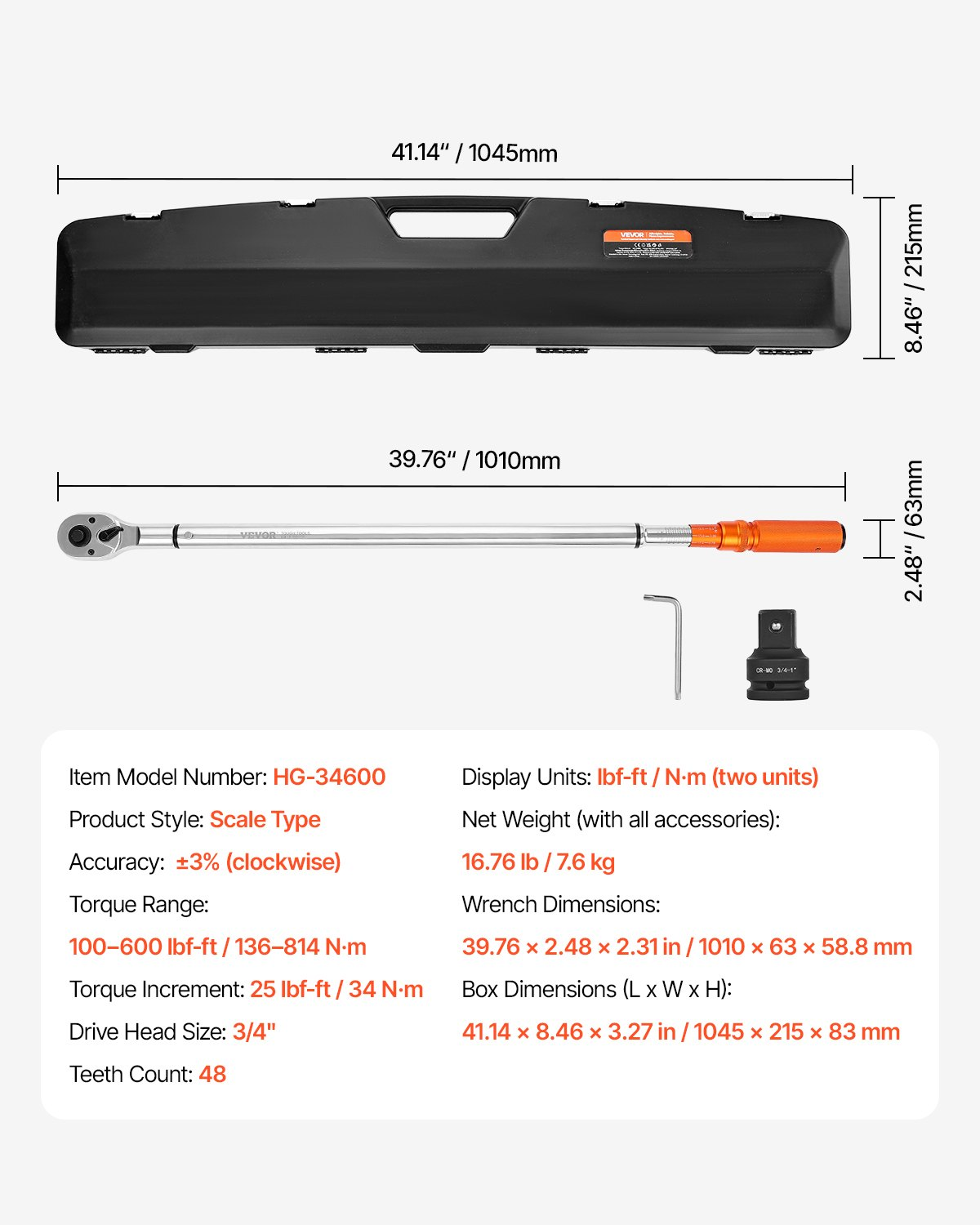 Click Torque Wrench 3/4 Inch Drive 100-600 lbf-ft/136-814N.m Dual-direction - Bild 7 von 12