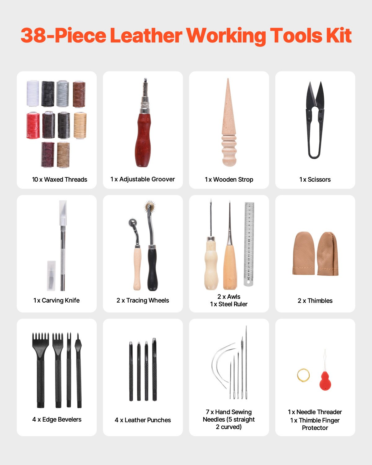 Leather Working Tools Kit 38 PCS Engraving Punching Stamping Sewing Tools